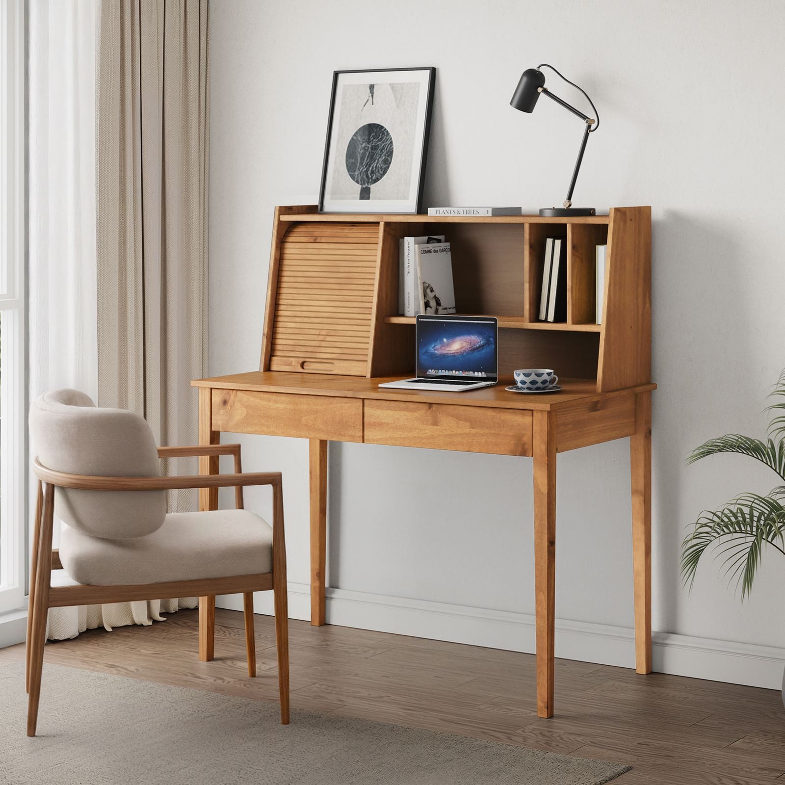 IDIMEX Schreibtisch ALISA, Massivholz Schreibtisch mit 2 Schubladen und Rollladen Eiche Finish