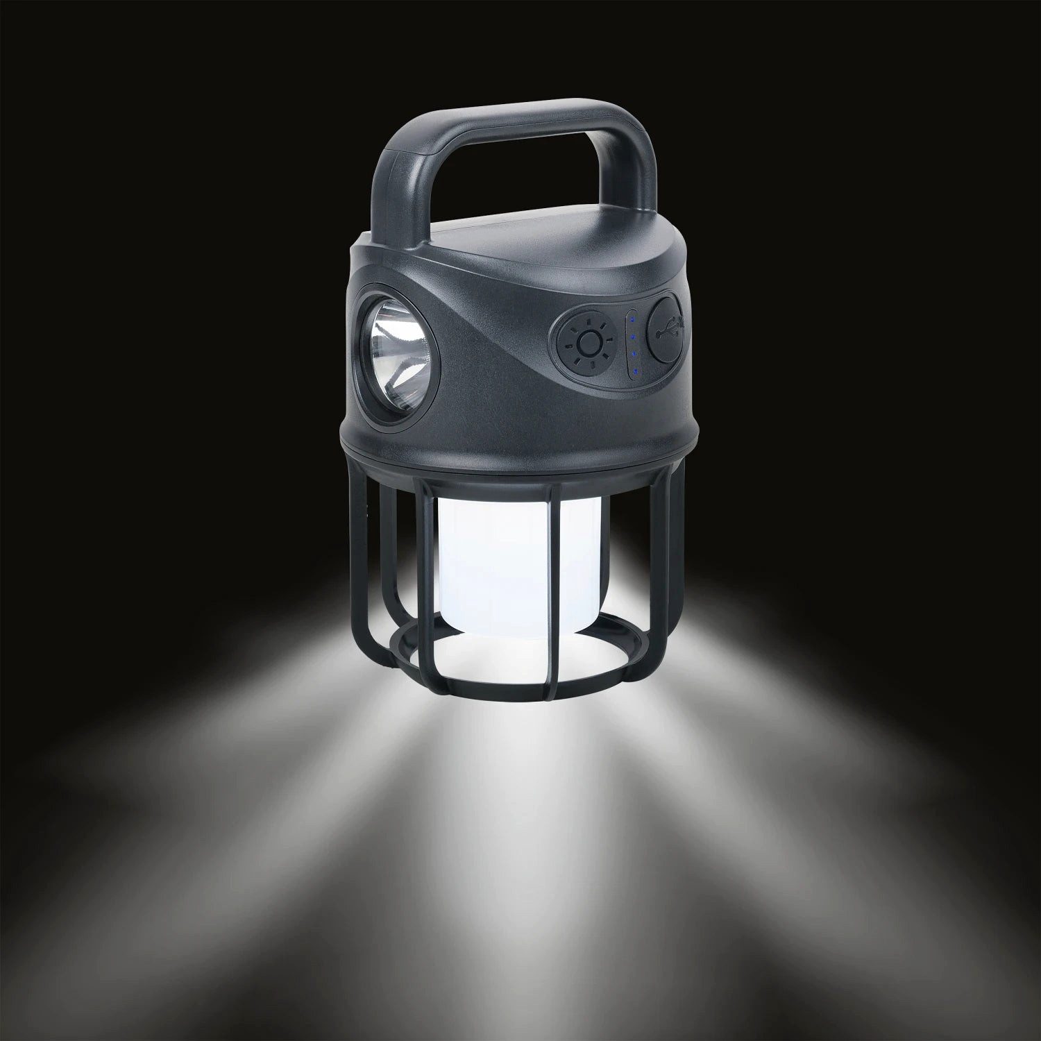 TROIKA LED Außen-Stehlampe Campinglampe NIGHT OWL, mit Akku und Powerbank – wiederaufladbar, LED fest integriert, Kaltweiß, Spotlight, Warmweiß, LED Camping Leuchte mit drei Lichtmodi, USB-C und IPX4 Schutz