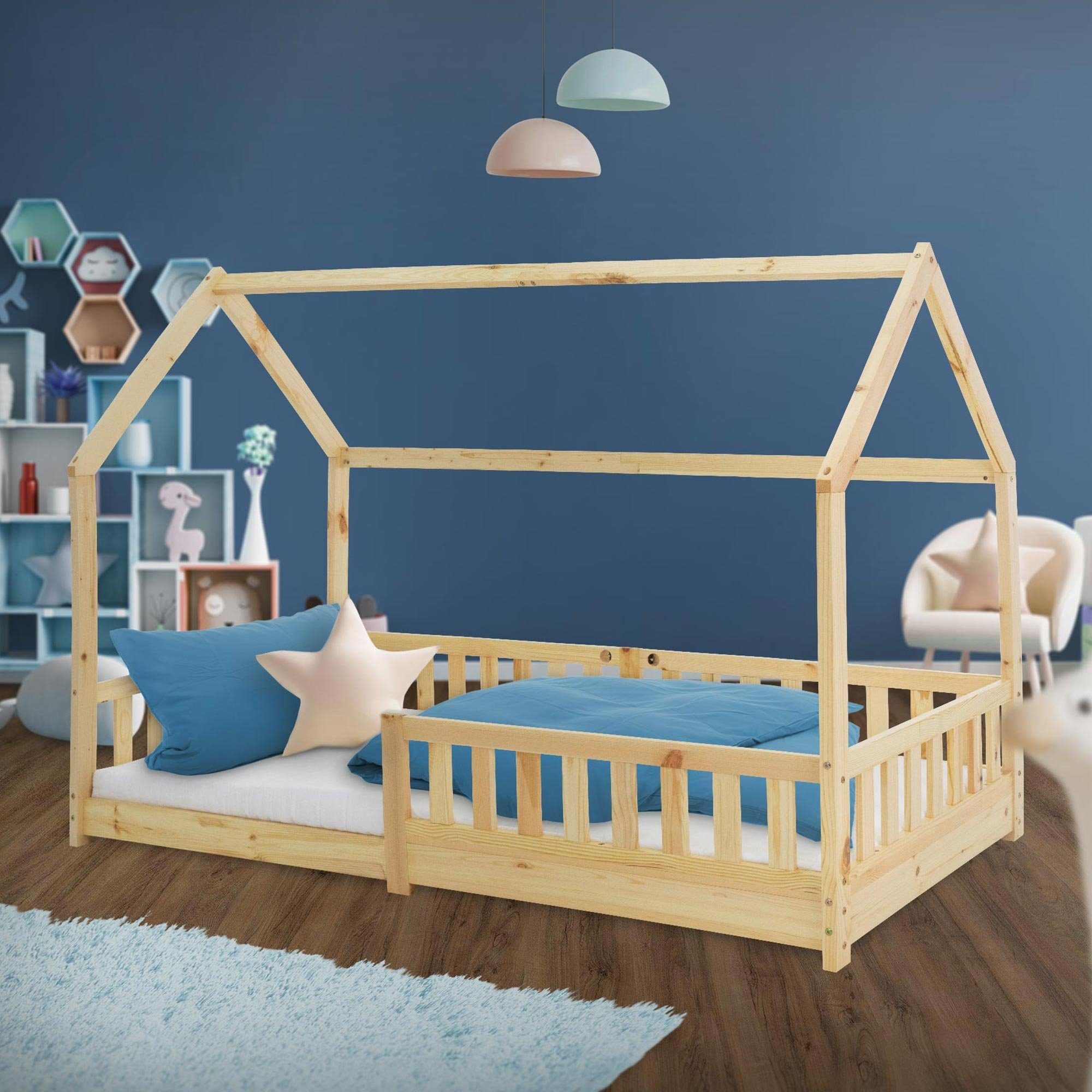 ML-DESIGN Bett Kinderbett mit Rausfallschutz Lattenrost und Dach 200x90 cm  Natur, Rausfallschutz