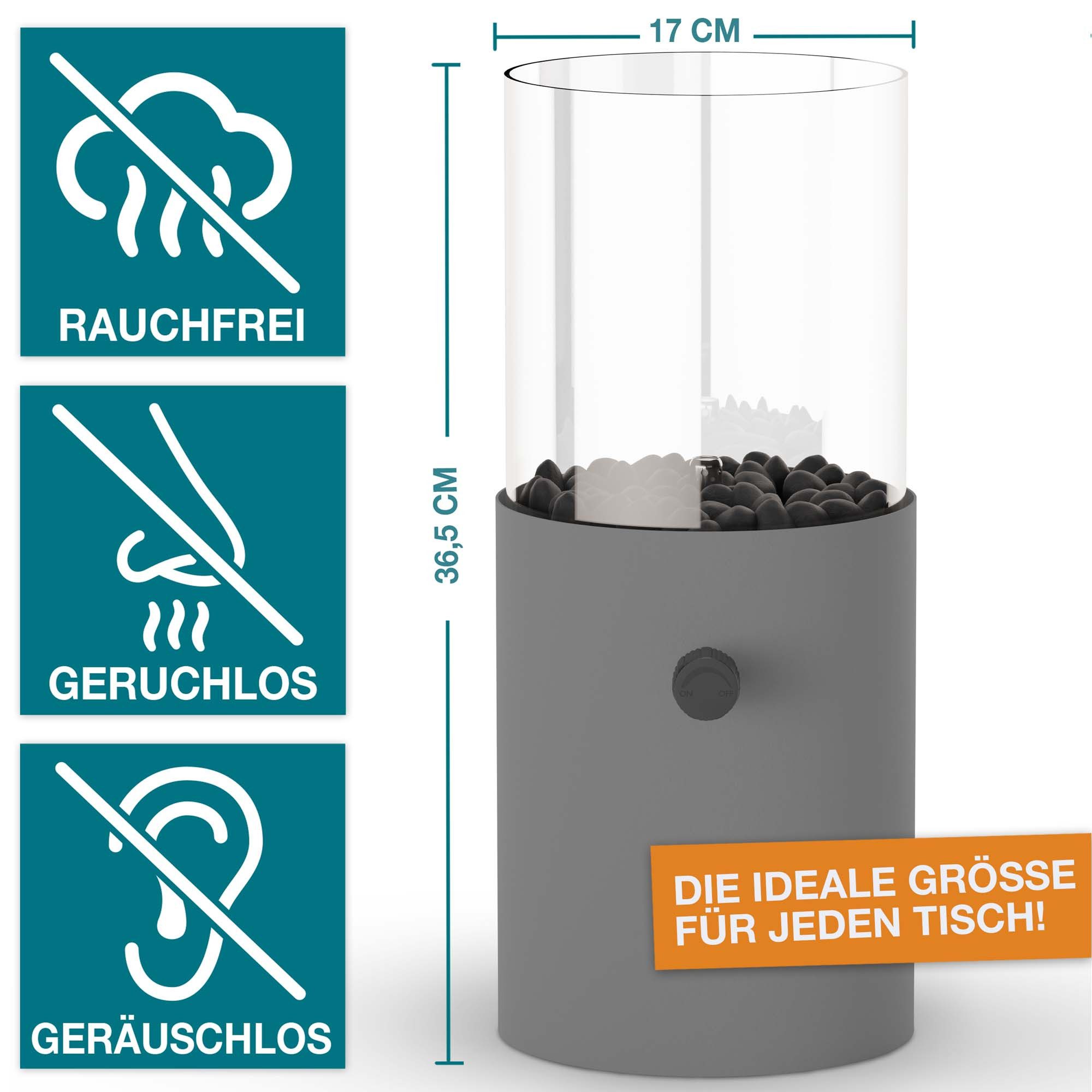 TOM Tischfeuer Tischkamin mit Gas mit 3x 190g Gas-Kartuschen, 12h Brenndauer, Dekosteine, Rund, Outdoor, Indoor