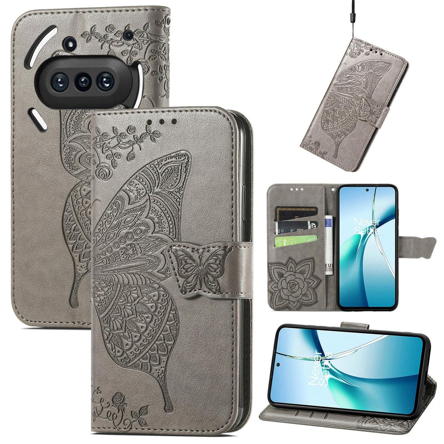 Wigento Smartphone-Hülle Für Nothing Phone 3a Kunstleder Schmetterling Handy Tasche Hülle Grau, Kunst-Leder Schutzhülle Smart Case Cover magnetischer Verschluss