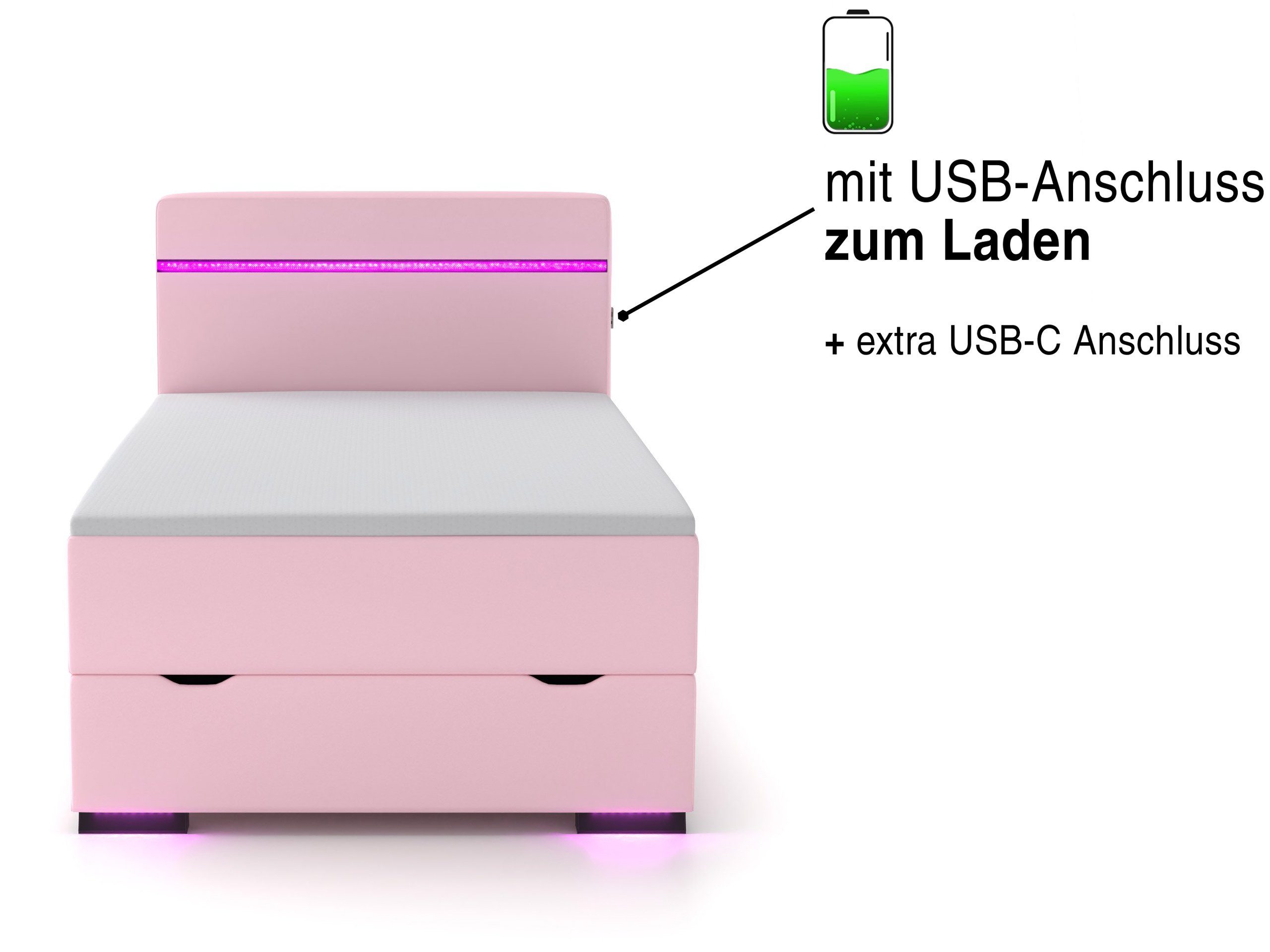 Bettkasten, USB-Anschluss Ontario, mit LED-Beleuchtung, Boxspringbett 2x wonello und Topper