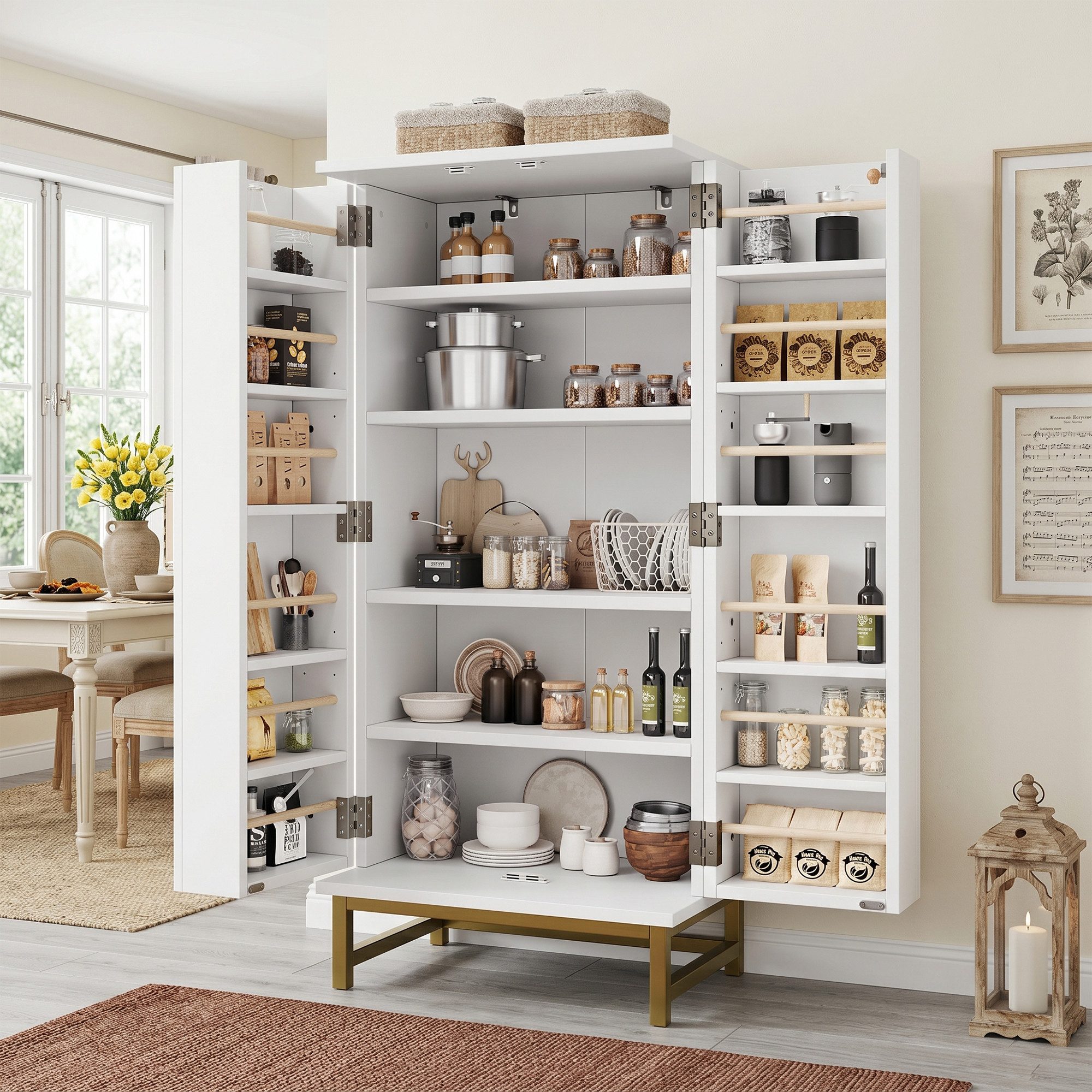 Flieks Hochschrank Küchenschrank Mehrzweckschrank mit verstellbaren Einlegeböden (60x40x130 cm, 1-St) Vorratsschrank Speiseschrank mit Türablagen Weiß, goldene Metallbeine