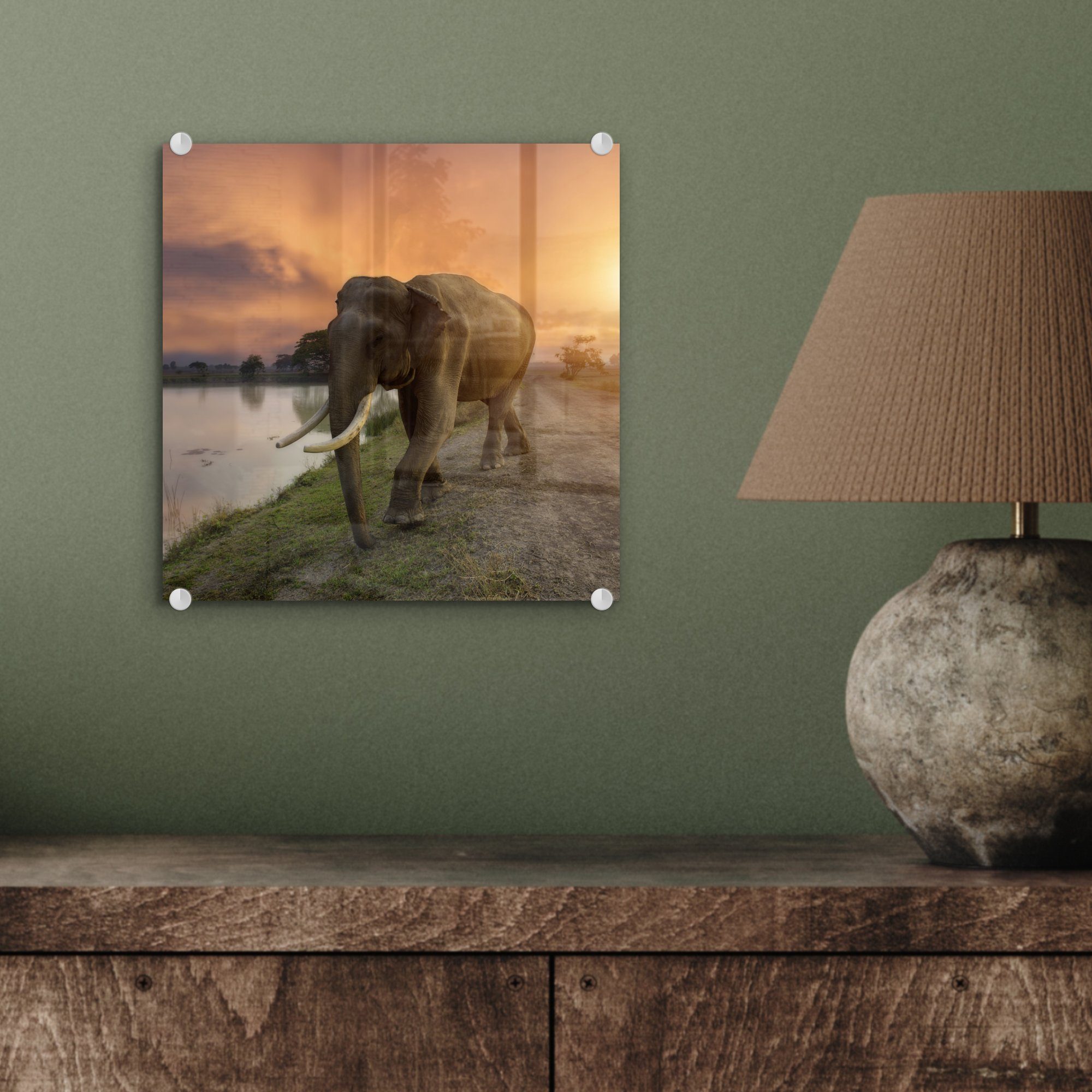 Wasser - Elefant (1 - Sonnenuntergang MuchoWow - - Wanddekoration Glas Glasbilder - Tiere - Foto Wandbild St), Acrylglasbild Bilder auf Glas Natur, - auf