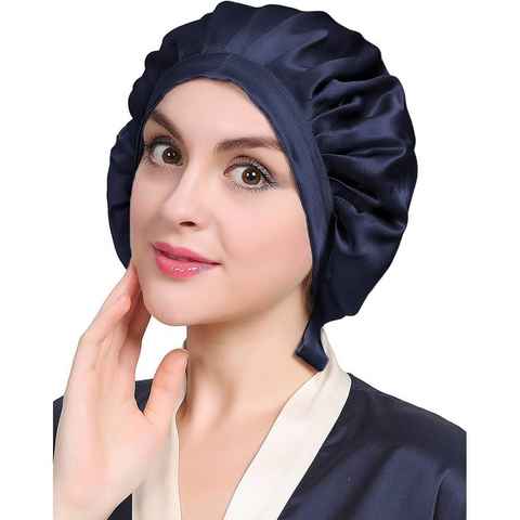 Houhence Duschhaube Seide Schlafmütze Damen Nachtmütze atmungsaktive Kappe blau 43 cm