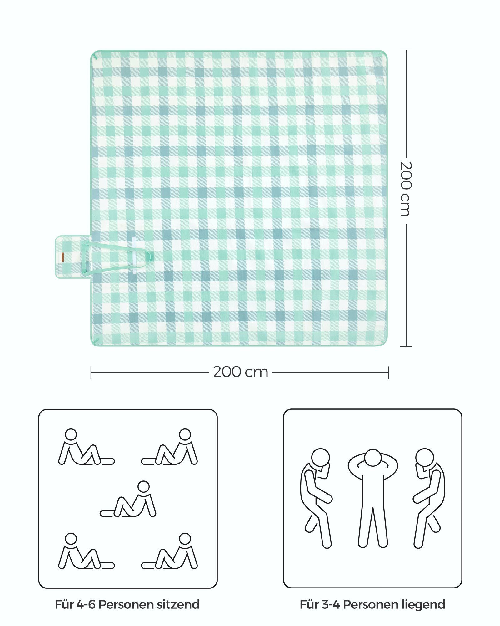 Picknickdecke 200 x 200 cm, mit 4 Erdankern, Campingdecke, für Park, Garten, Strand, SONGMICS, groß, wasserdicht, maschinenwaschbar, faltbar, grün-weiß