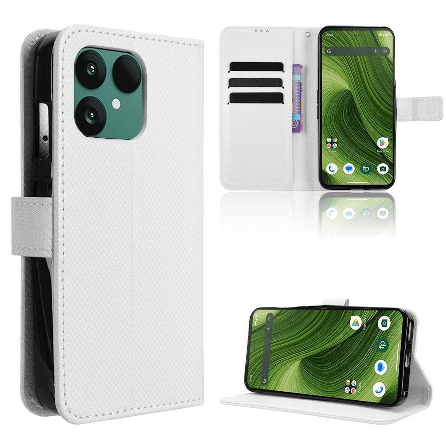 Wigento Smartphone-Hülle Für Fairphone 6 Diamant Design Book Wallet Kunstleder Hülle Case Weiß, Diamantstruktur Kunstleder Hülle mit Kartenfächern und Standfunktion