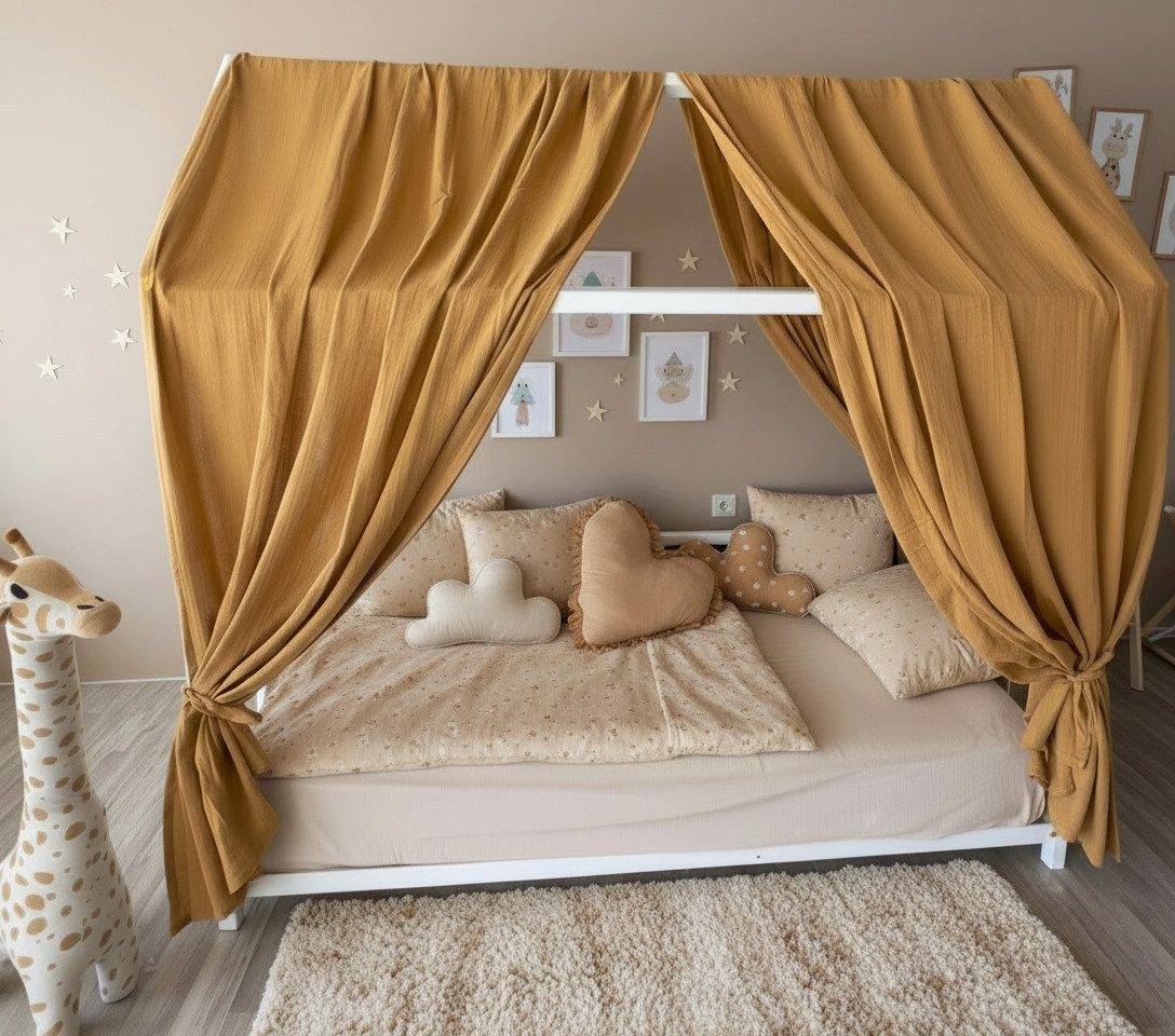 Baby Fancyroom Betthimmel Betthimmel Camel Musselin Hausbett Kinderbett 320cm 360cm Montessori (2-tlg. Set mit Schlaufen, Baldachin für Jungen, Kinder Jungen Betthimmel Baldachin Himmel Deko Set), Jungen Betthimmel für Hausbett Montessori