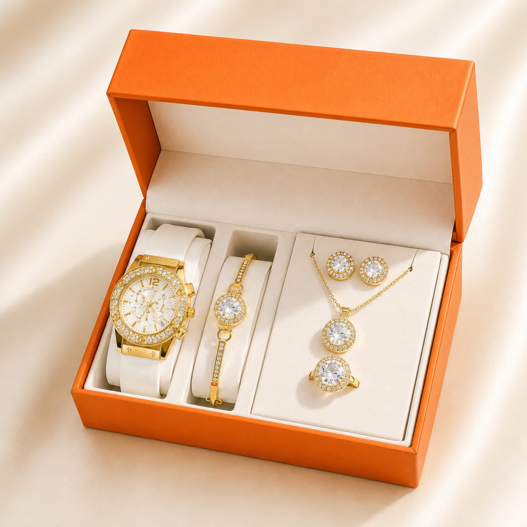 Luckice Quarzuhr Geschenk Damen Armbanduhr Armband Halskette Ring Ohrring Schmuck Set, (Elegant Analog Quarz Uhr mit Digital Zifferblatt .Frauen Mädchen Strass Quarzuhr für Weihnachten Bracelet Jewelry Set.Damengeschenke, Weihnachten, Valentinstag, Hochze