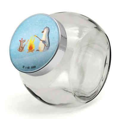 Mr. & Mrs. Panda Vorratsglas L 870ml Pinguin Lagerfeuer - Eisblau - Geschenk, Snackdose, Maus, Süß, Premium Glas, (1-tlg), Exklusive Motive