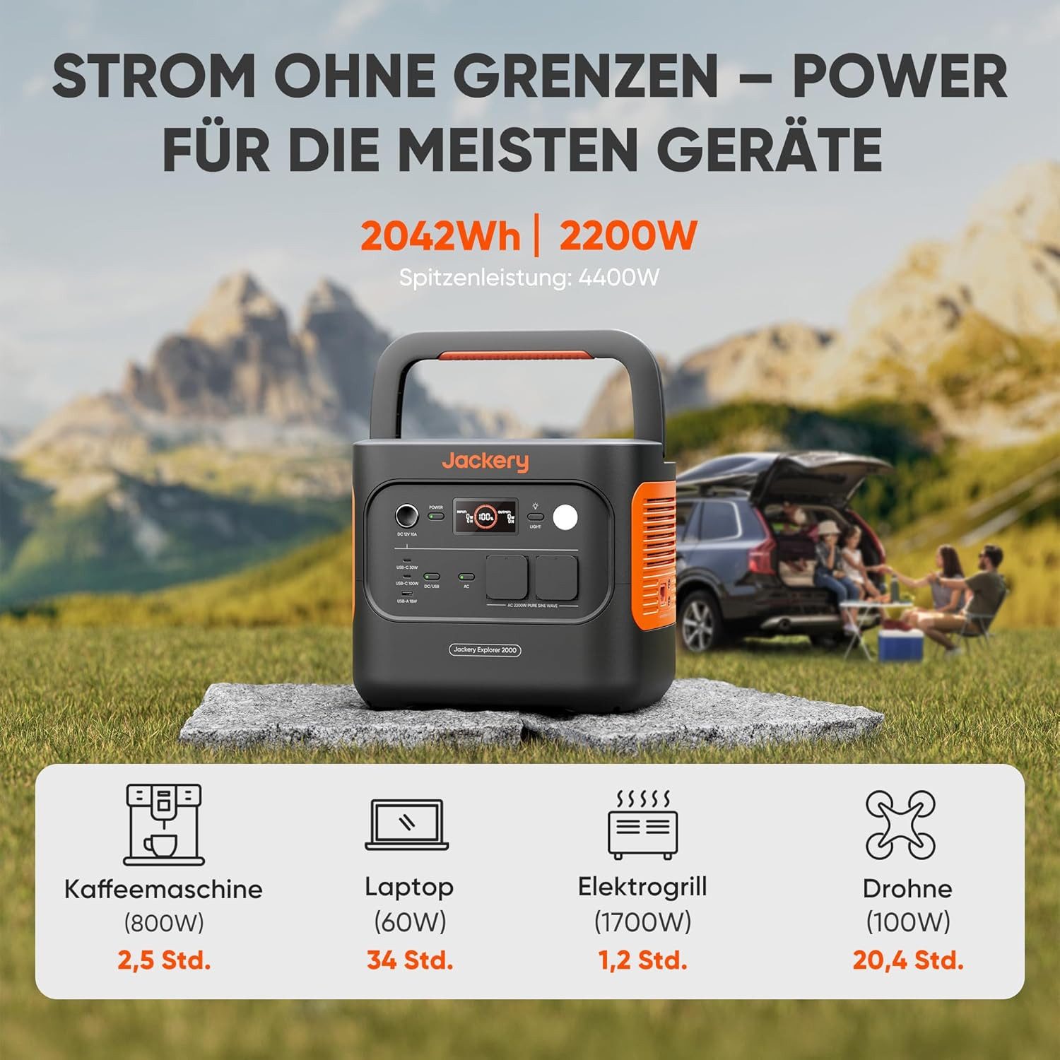 Jackery Stromerzeuger E2000 v2 Tragbare Powerstation mit 200W Solarpanel mit Kfz-Ladekabel, 4,4 in kW, 2042Wh/2200W Solargenerator LiFePO4 Schnellladung für Camping, Notfall