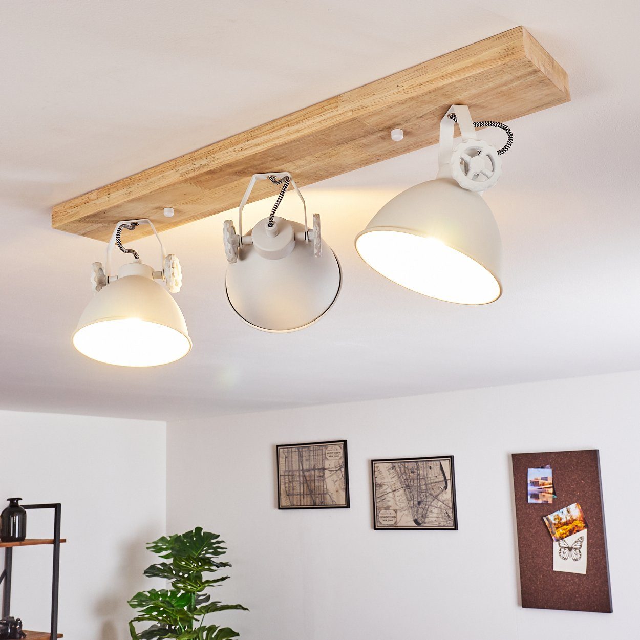 hofstein Deckenleuchte »Mot« Deckenlampe aus Metall/Holz in Weiß/Natur, ohne Leuchtmittel, mit verstellbaren Strahlern, 3xE14, Retro/Vinatge Design