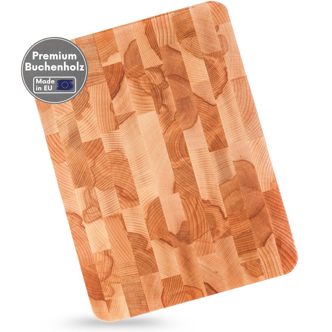 Topanbieter999 Schneidebrett einzeln/ Set Premium Buche Made in EU, Hirnholzbrett, geölt 40x30 cm, 2 Griffmulden, aus massivem Holz