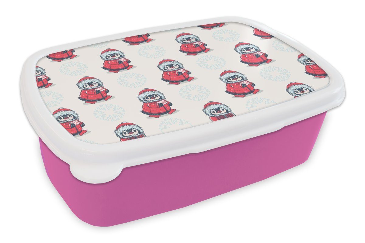 Mädchen, rosa Brotdose Erwachsene, für Schnee Kunststoff Kunststoff, MuchoWow Kinder, (2-tlg), Lunchbox - Brotbox Brief - Pinguin - Weihnachten Muster, - Snackbox,