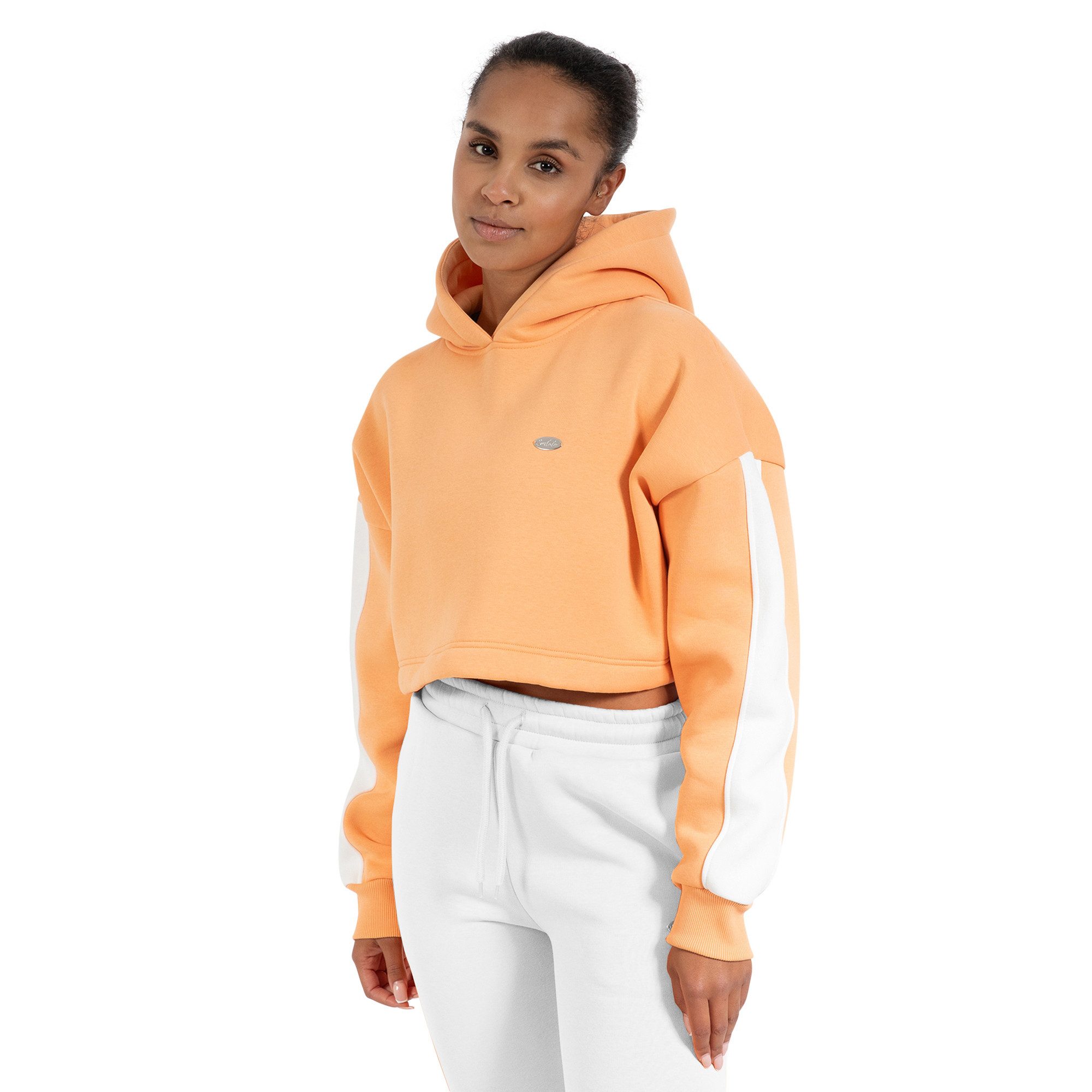 Smilodox Amaya, Oversize Fit Crop Pullover Langarm, weicher Baumwollstoff Relaxed Cropped Kapuzenpullover Metallabel Bauchfrei Alltag Sport