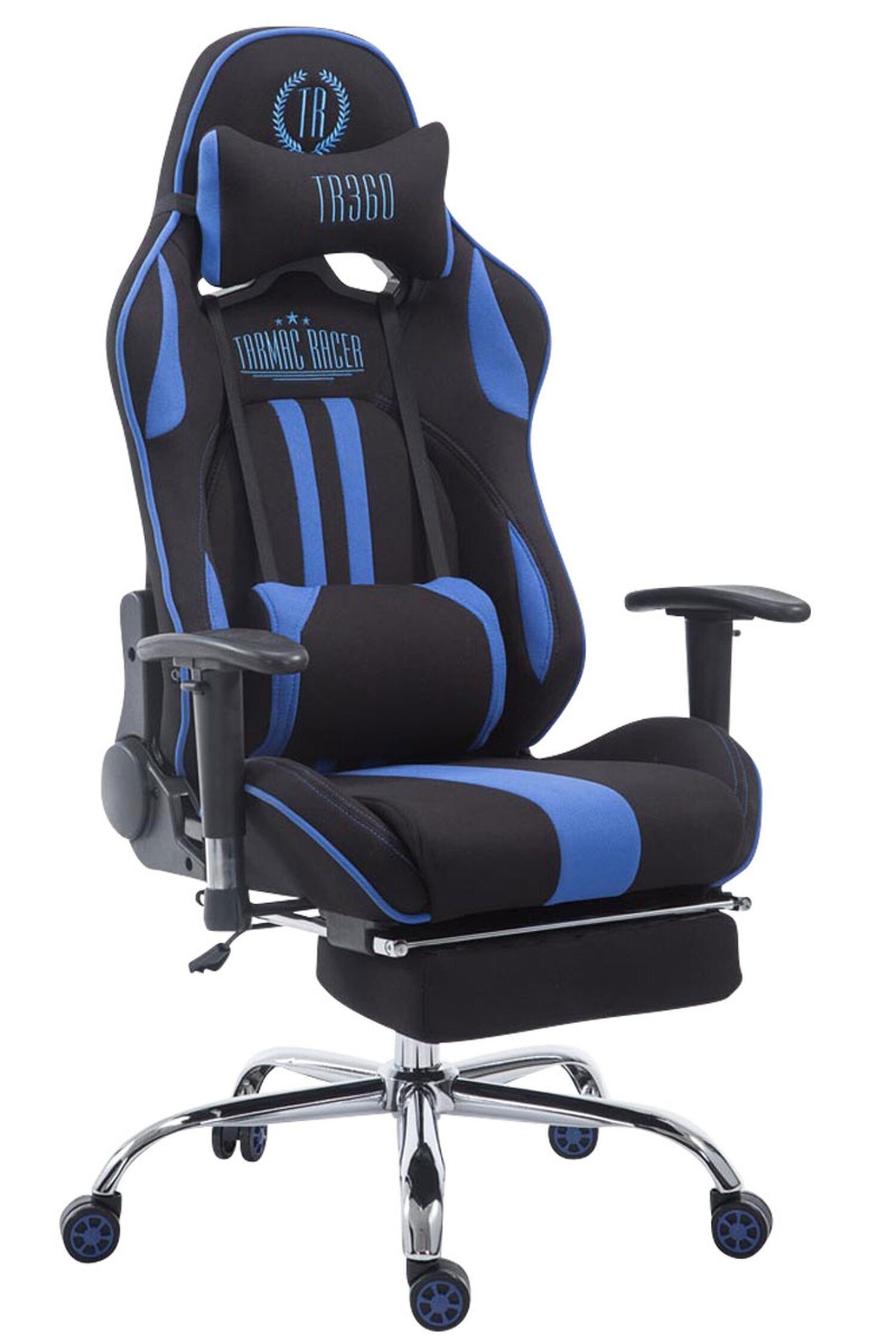 TPFLiving Gaming-Stuhl Limitless-2 mit bequemer Rückenlehne - höhenverstellbar - 360° drehbar (Schreibtischstuhl, Drehstuhl, Gamingstuhl, Racingstuhl, Chefsessel), Gestell: Metall chrom - Sitzfläche: Stoff schwarz/blau