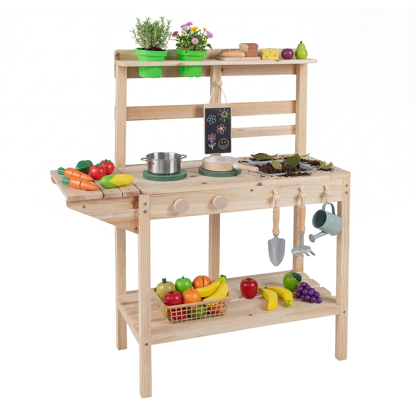 COSTWAY Outdoor-Spielküche Holz, Spielküchelset mit Herd, Spüle, Blumentöpfen & Tafel