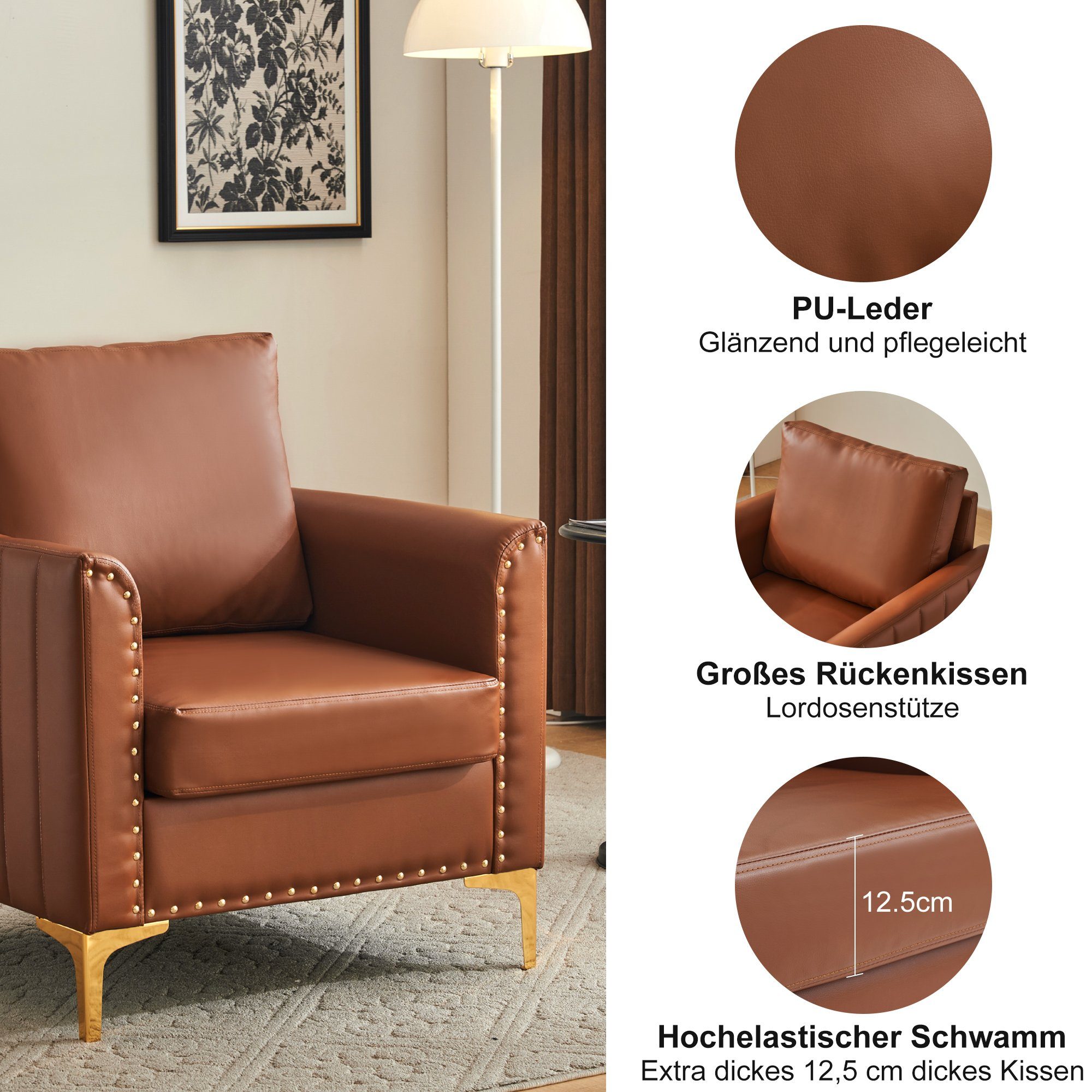 roségoldenen Freizeitsessel Sessel (Einzelsessel braun OKWISH Metallbeinen), PU-Lederstuhl roségoldenen mit Moderner Metallbeinen, Armlehnensessel Loungesessel mit Relaxsessel