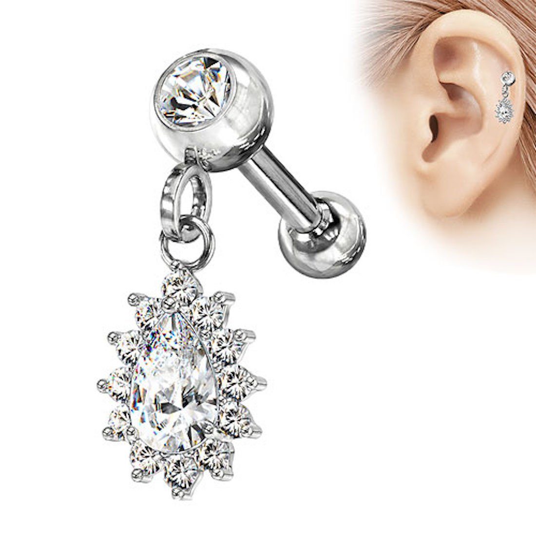 Taffstyle Piercing-Set Tragus Ohr Tropfen Silber Nasenpiercing Glitzer Anhänger, Cartilage Clear Helix Kristall Stecker Labret - mit Lippe Knorpel Nasen