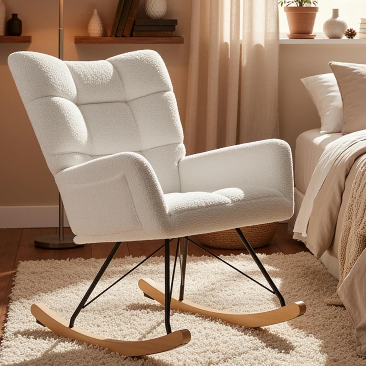 TLGREEN Schaukelstuhl wohnzimmer,Schaukelsessel mit Armlehne, (Teddystoff Gepolsterter, Holzkufen und Metallbeinen), für Wohnzimmer, Kinderzimmer, Schlafzimmer, Bis 136 kg Belastbar