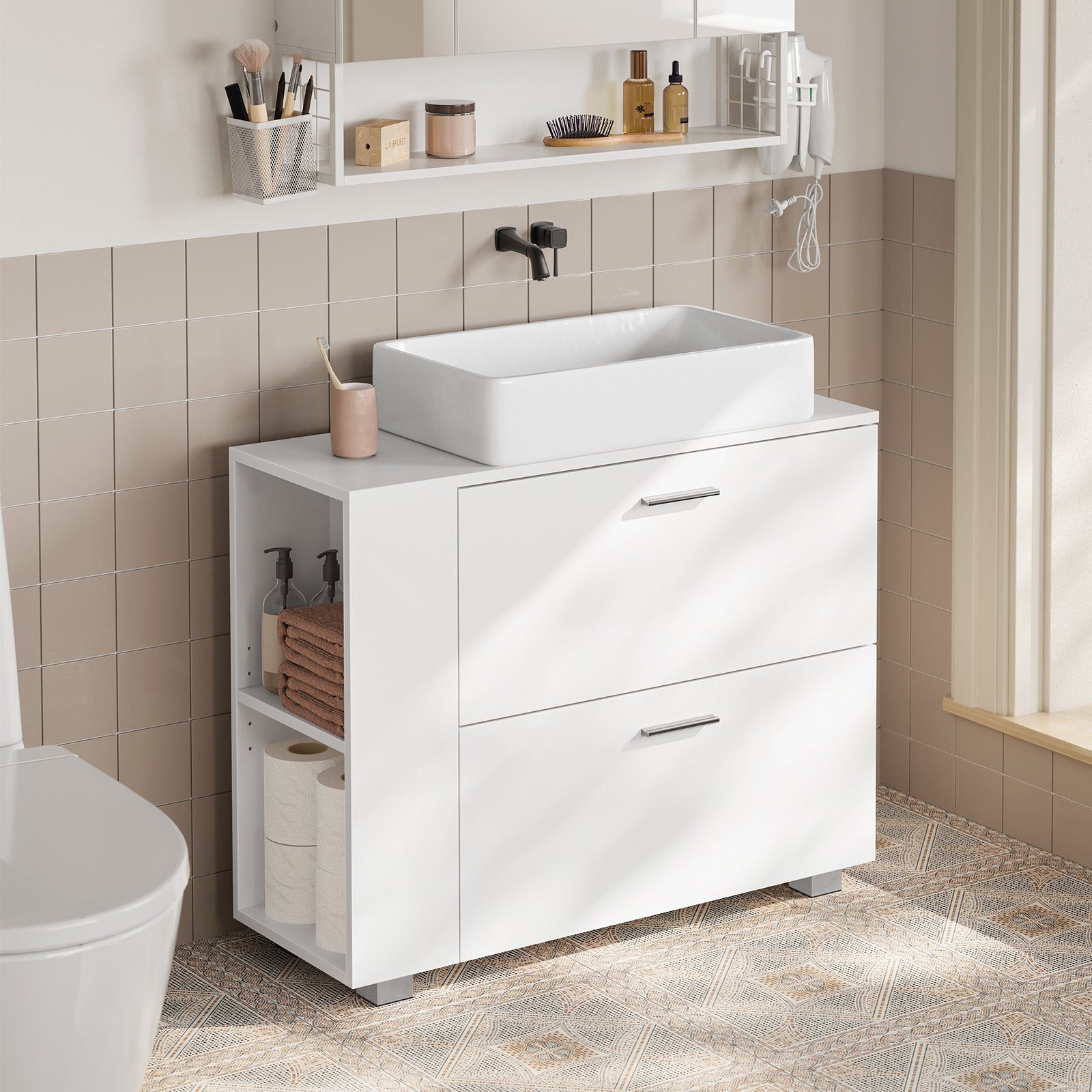 VASAGLE Waschbeckenunterschrank Badschrank offene Fächer an Einer Seite, rechts oder Links austauschbar