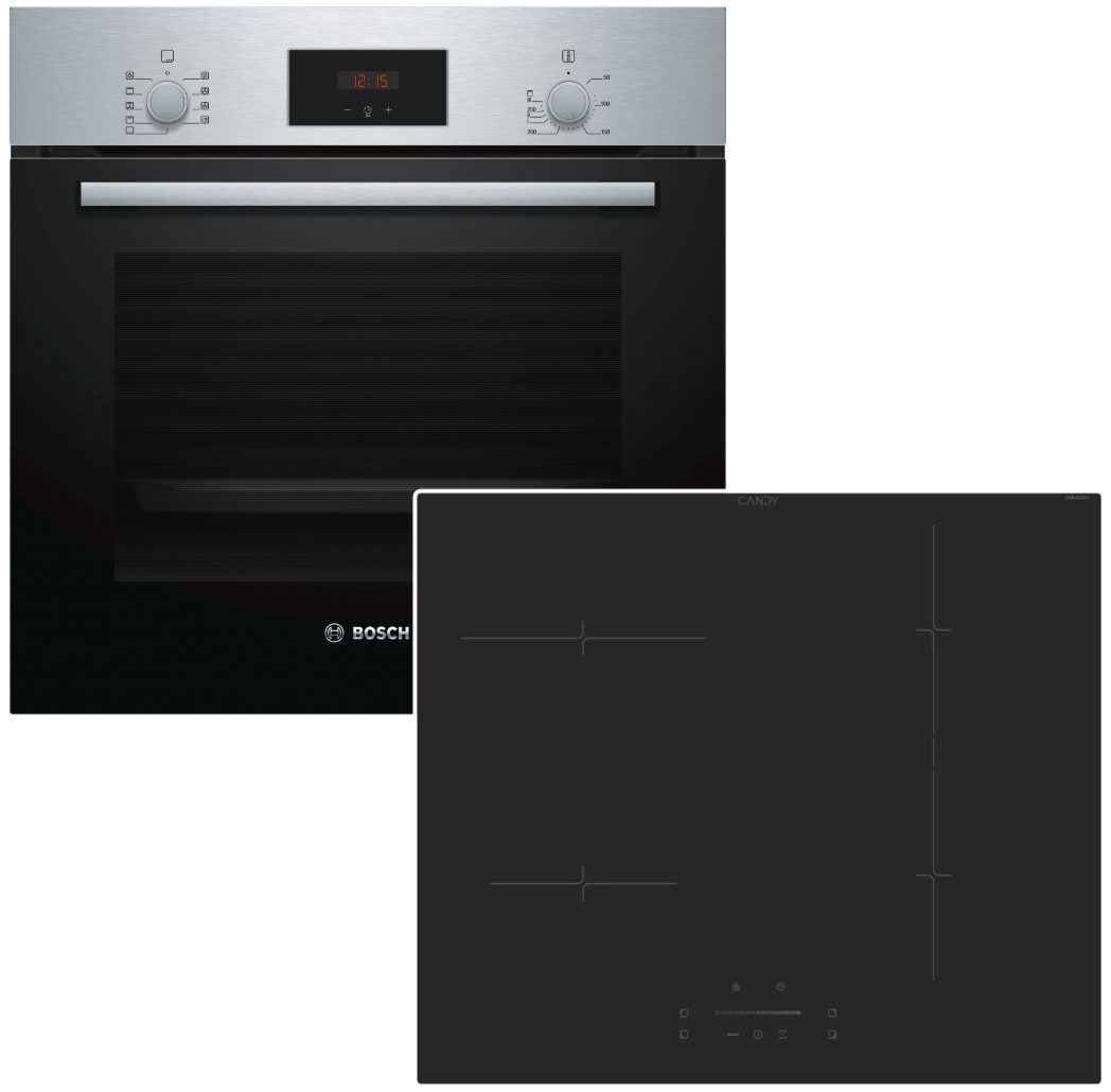 BOSCH Backofen-Set Backofen 3DHeißluft Teleskop + Candy Induktionskochfeld Booster Slider