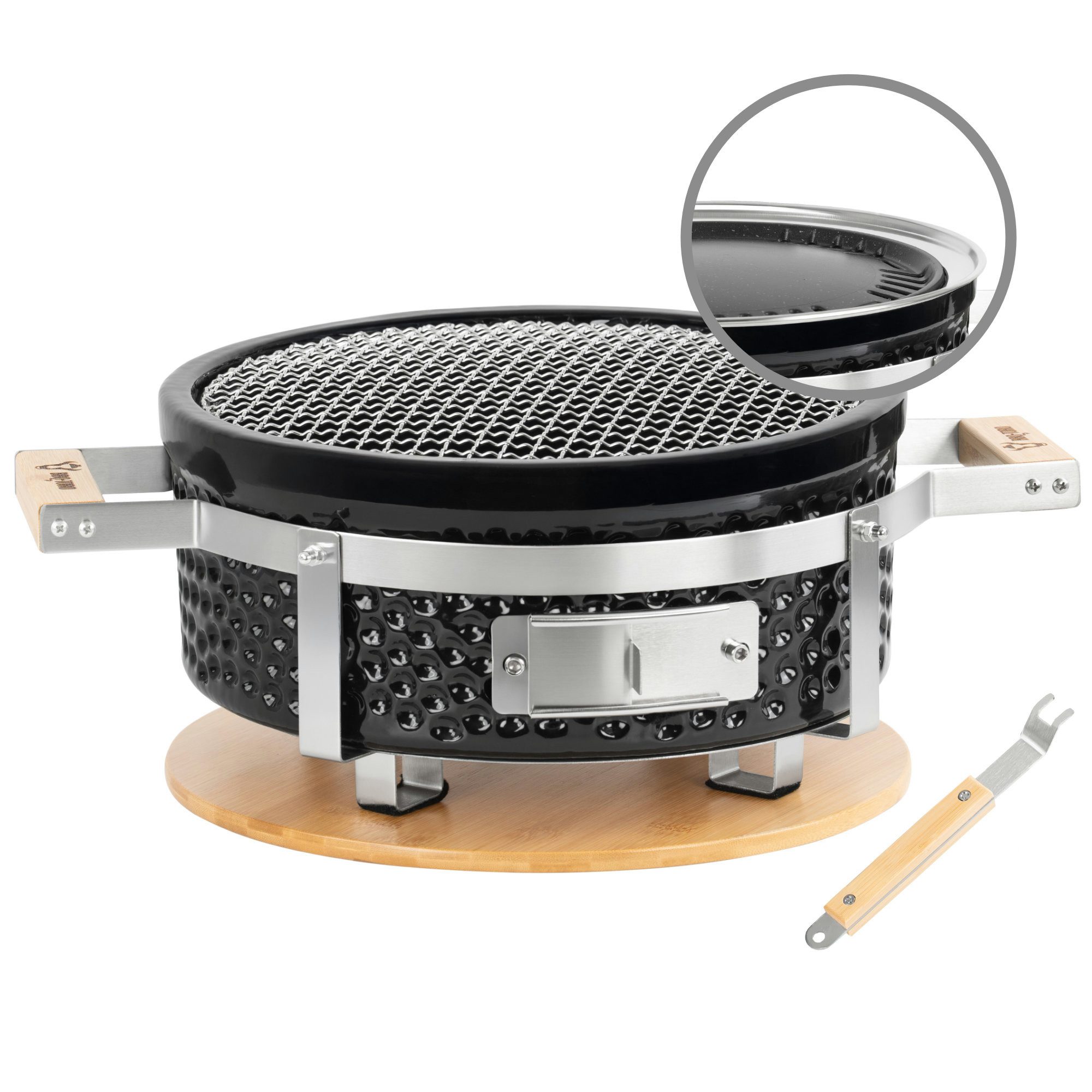 BBQ-Toro Tischgrill Keramik Tischgrill Rund, Ø 29,5 cm, Japanischer Grill mit Holzunterlag, Optimale Hitzespeicherung durch dickwandige Keramikhülle
