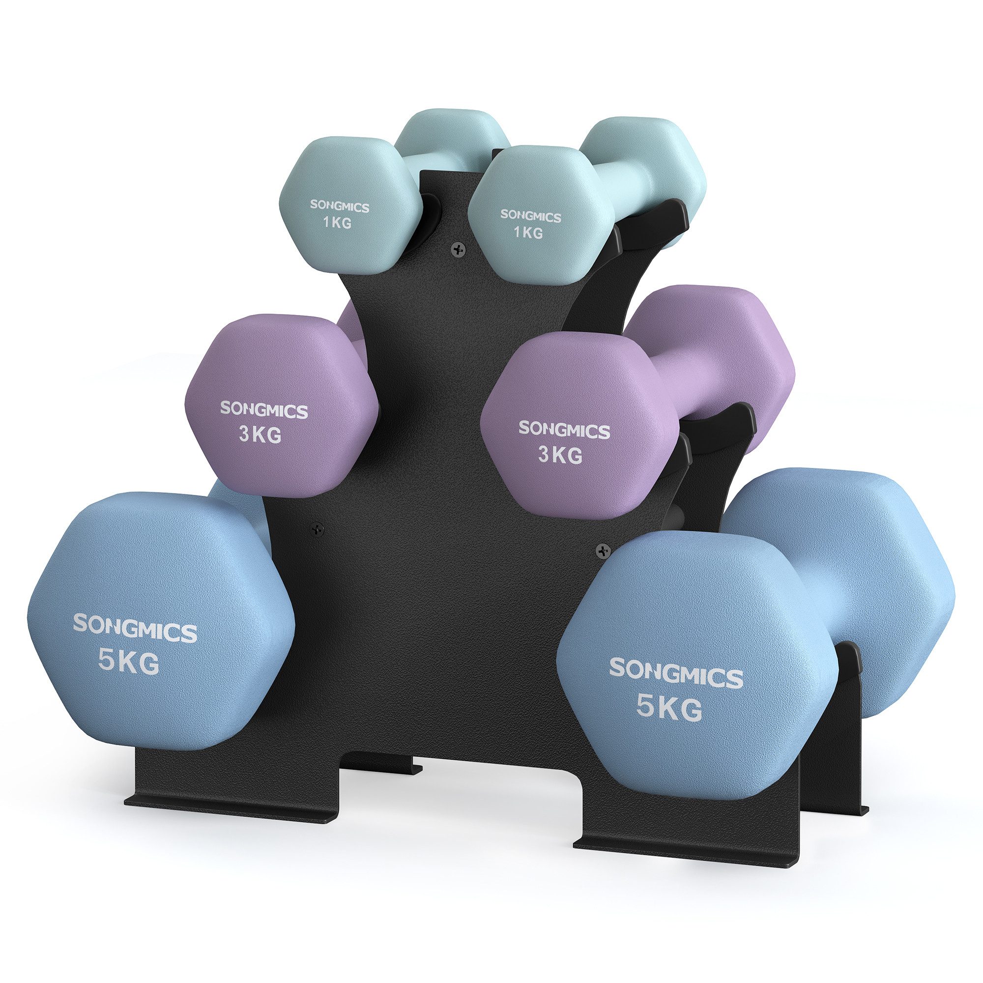 SONGMICS Kurzhantel Set, Hexagon, 2 x 1 kg, 2 x 3 kg, 2 x 5 kg, Krafttraining, zu Hause, (mit Hantelständer), mattes, Neopren-Beschichtung, seeblau, königsviolett und blassblau
