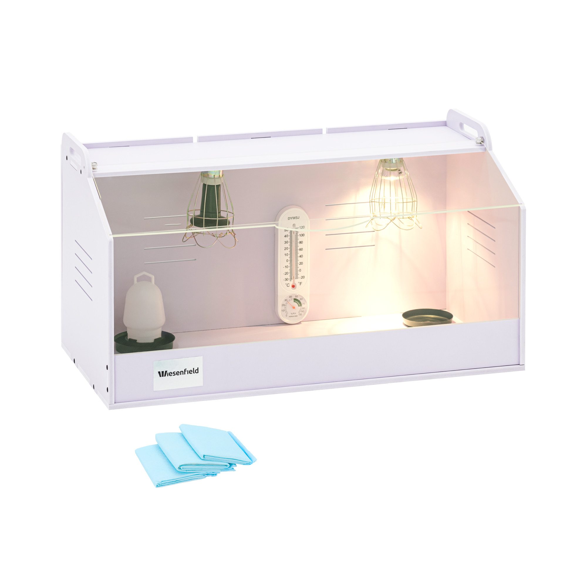 Wiesenfield Hühnerstall Kükenaufzuchtbox 36 °C 78 x 40 x 42 cm mit Zubehör Flächenbrüter
