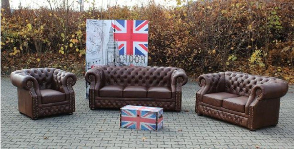 in Europe Sofagarnitur Vintage Made Couch, 3+2+1 JVmoebel Oxford Sofa Sofa Echtleder Chesterfield