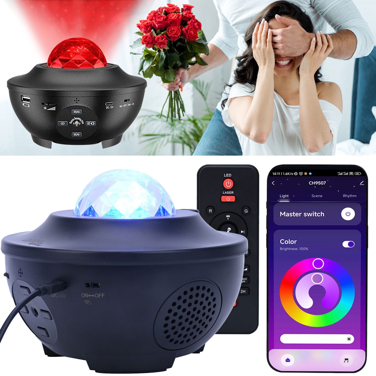Casativo LED-Sternenhimmel Magischer Laser-Sternenhimmel-Projektor mit Bluetooth Lautsprecher, LED, WIFI, Sprachsteuerung & App-Steuerung