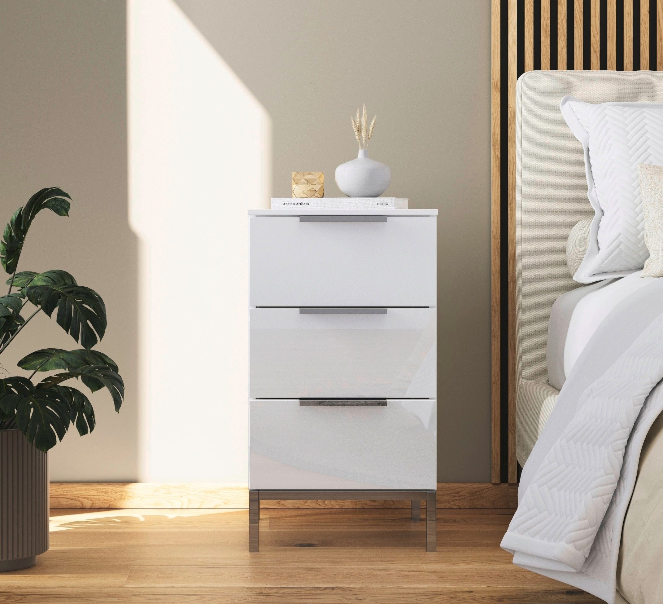 rauch Nachtkommode Nachttisch Nachtschrank Nachtkonsole FLIPP mit Glasfront (Breite 40 cm), mit 3 Schubladen und Soft-Close-Funktion sowie Glasfront