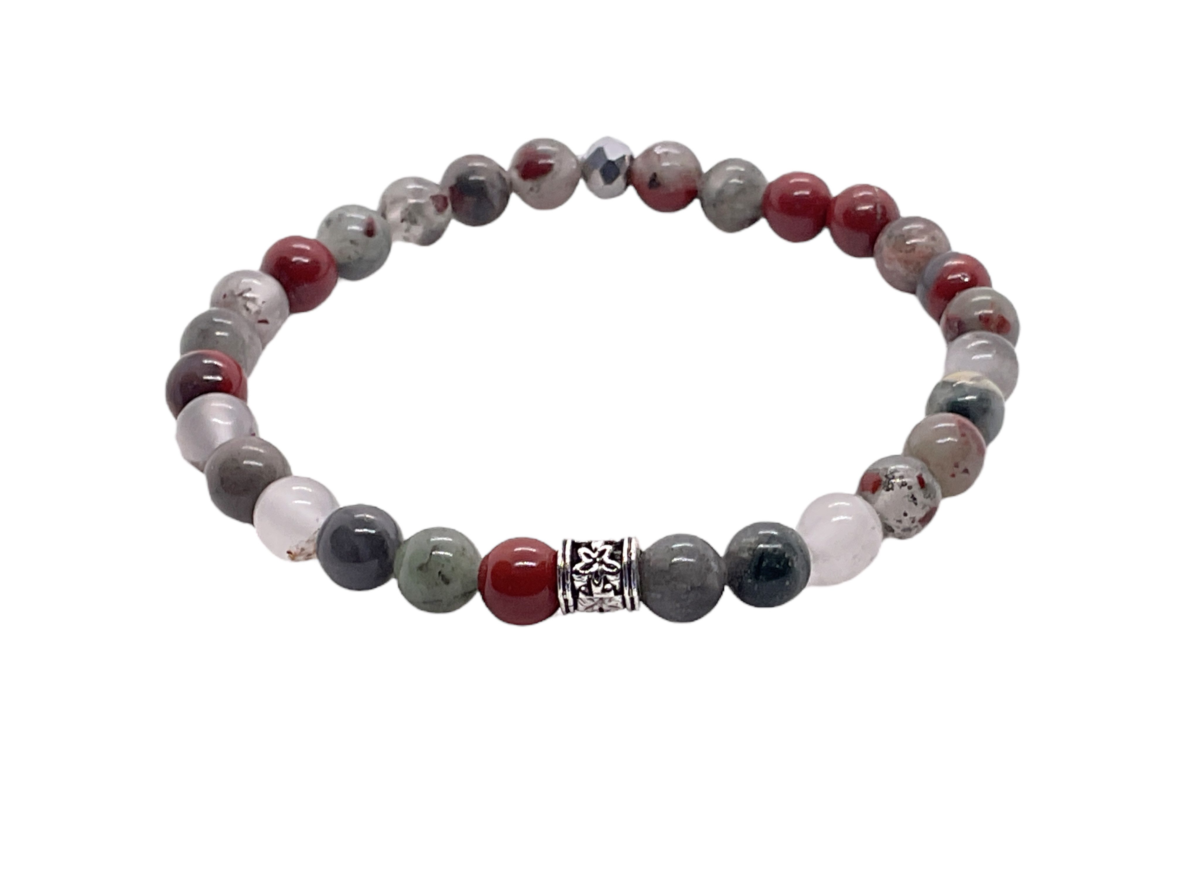 Steinfixx® Perlenarmband Edelsteinarmband afrikanischer Blutstein - Drachenblutstein (Handmade in Germany, 1-tlg., Vitalität und Heiterkeit, inclusive Geschenkbox), mit silberner Vintage Perle und platinierter facettierter Perle