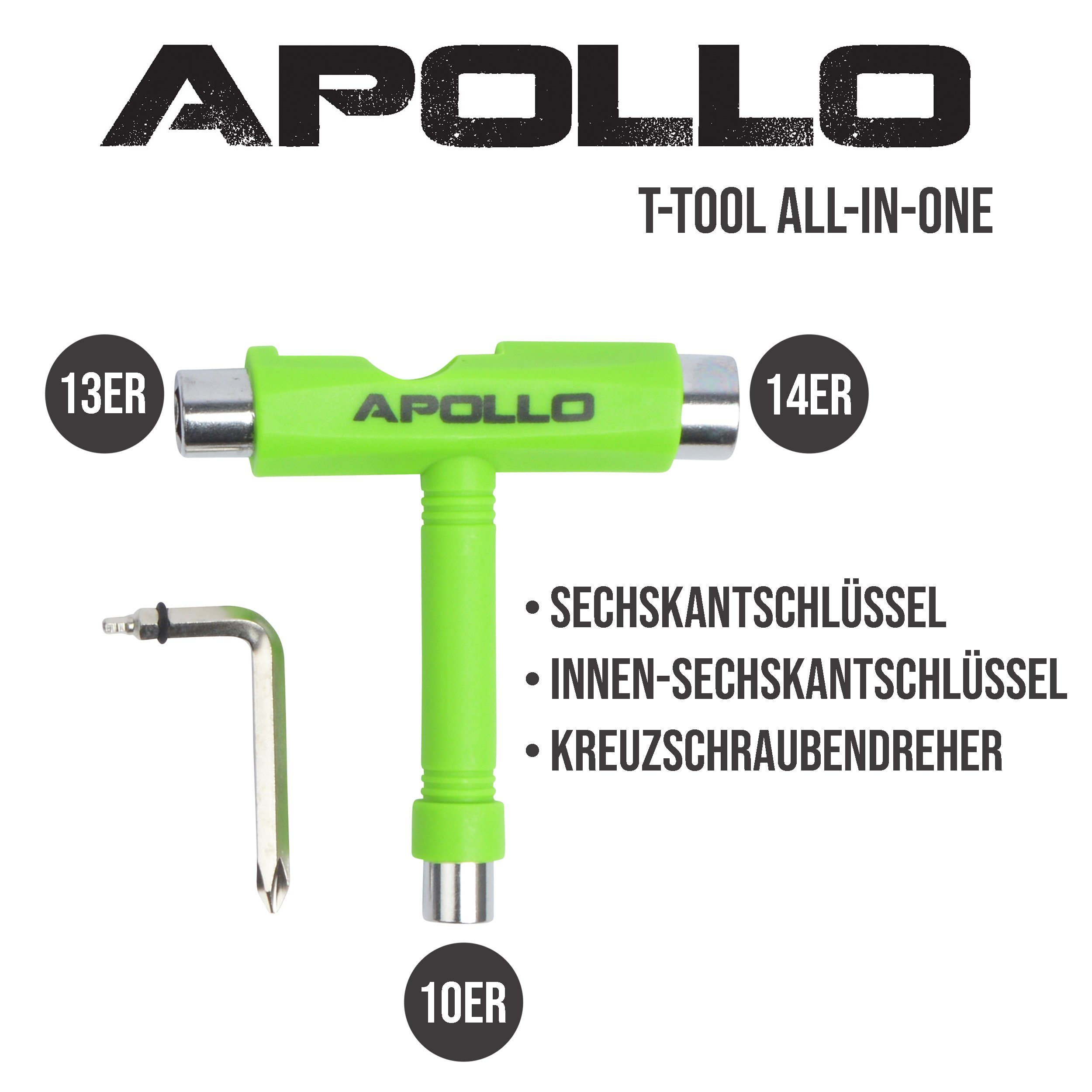 Apollo Skateboard T-Tool Schraubenschlüssel Grün Longboard Skateboard, Scooter, - Sechskantschlüssel, Multifunktions für All-In-One Tool
