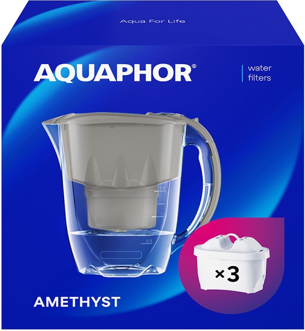 AQUAPHOR Wasserfilter SET Amethyst grau inkl. 3 Filterkartuschen MAXFOR+, Zubehör für Filterkartuschen MAXFOR+, +H hartes Wasser & MAXFOR+ Mg. Magnesium, 200 l, Reduziert Kalk, Chlor & weiteren Stoffen. BPA frei