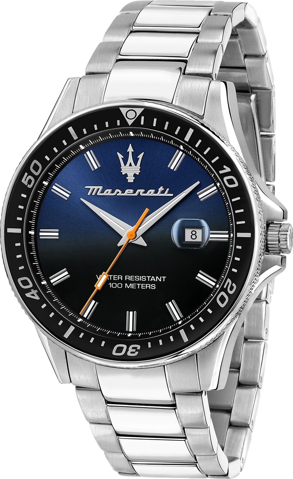MASERATI Quarzuhr Maserati Herren Uhr Analog SFIDA, Herrenuhr rund, groß (ca. 44mm) Edelstahlarmband, Made-In Italy silber