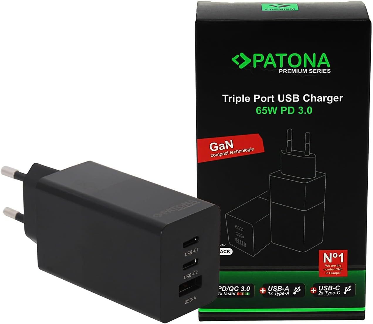 Patona 3in1 USB Schnelllade-Gerät (65W GaN 3.0 Adapter mit Power Delivery Handy-Netzteile)