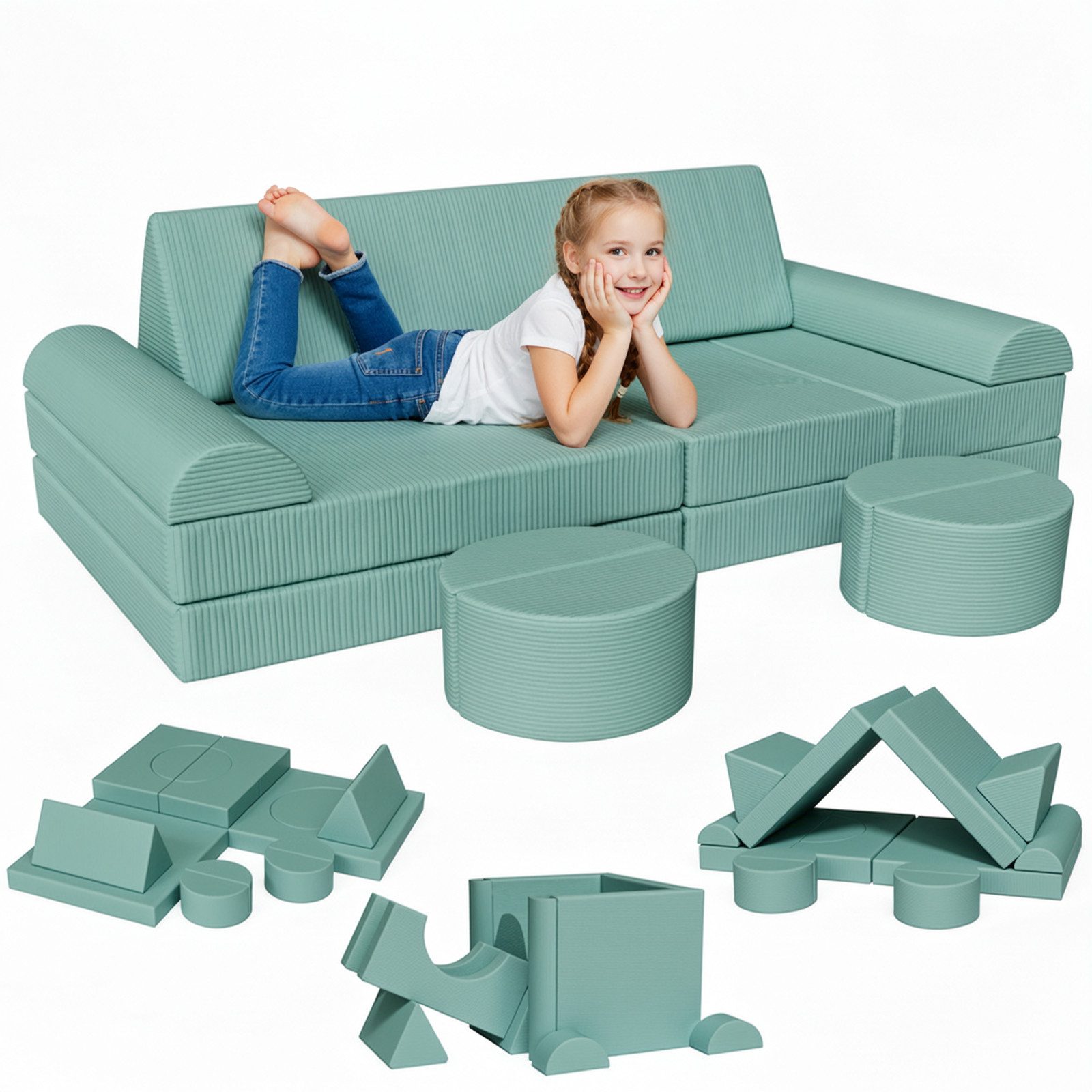 TLGREEN Kindersofa 15-teiliges modulares Kinderspielsofa aus Schaumstoff, abnehmbarer waschbarer Bezug, kinderfreundlich ohne scharfe Kanten, kreative Kuschelecke für Kinderzimmer & Kindergarten