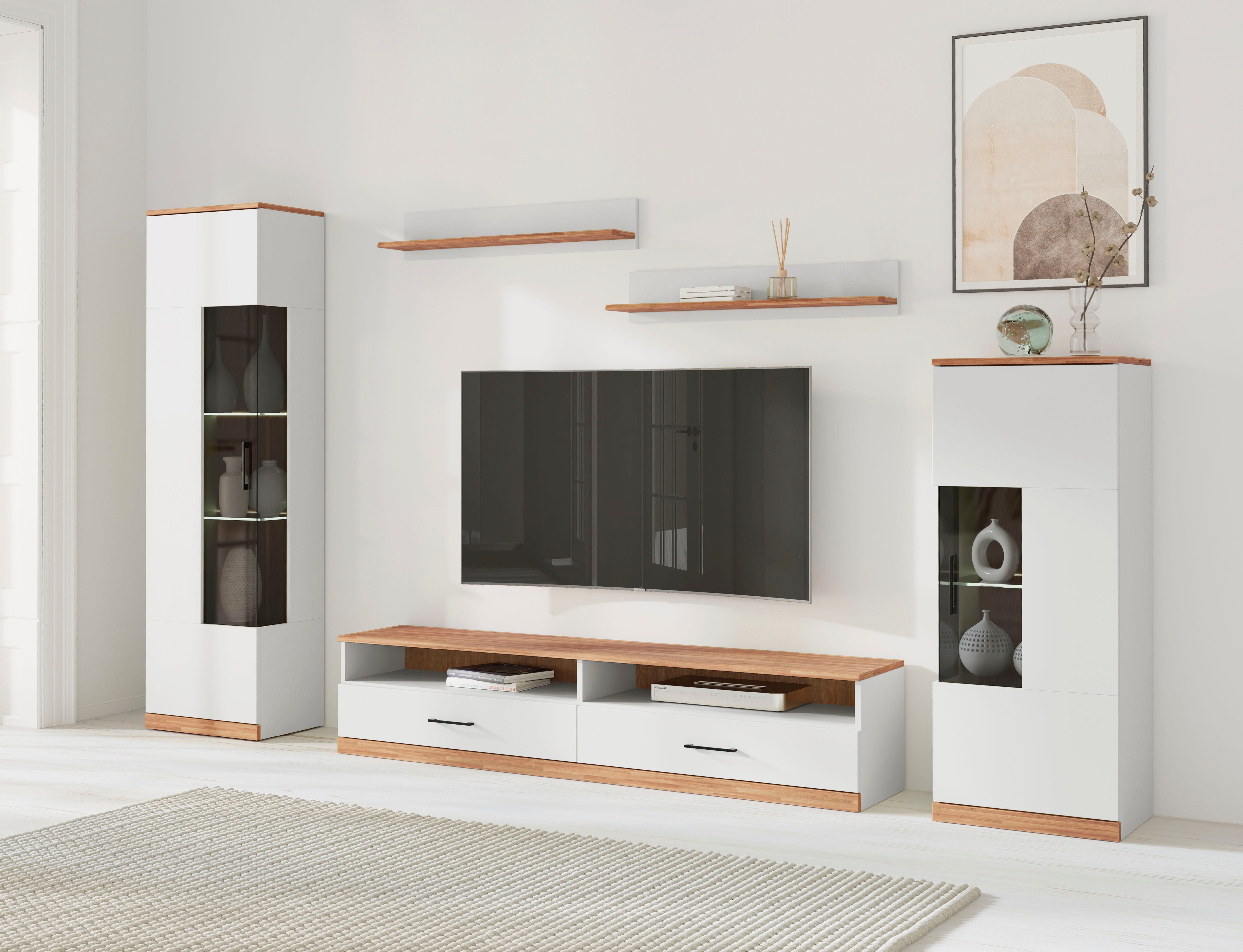 OTTO home Wohnwand Ribe Wohnwand Set-5 St., (Set, 5-St), Glaseinsatz aus gehärtetem Glas,Böden teilweise versetzbar