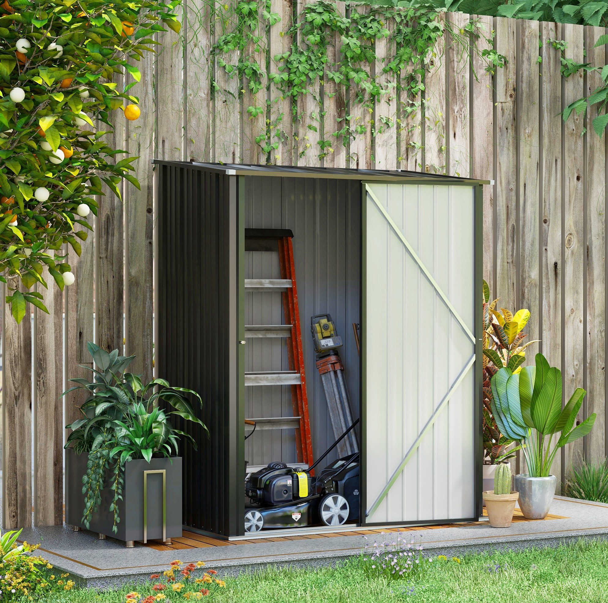 OKWISH Gerätehaus 1,34 m² Schwarz 161,5x94,5x196 cm Stahl Pultdach, BxT: 161.5x94.5 cm, (Packung, 1 St., Gartenhaus zur Aufbewahrung von Werkzeugen für Garten & Terrasse), Abschließbarer Gartenschrank aus verzinktem Stahl für Outdoor