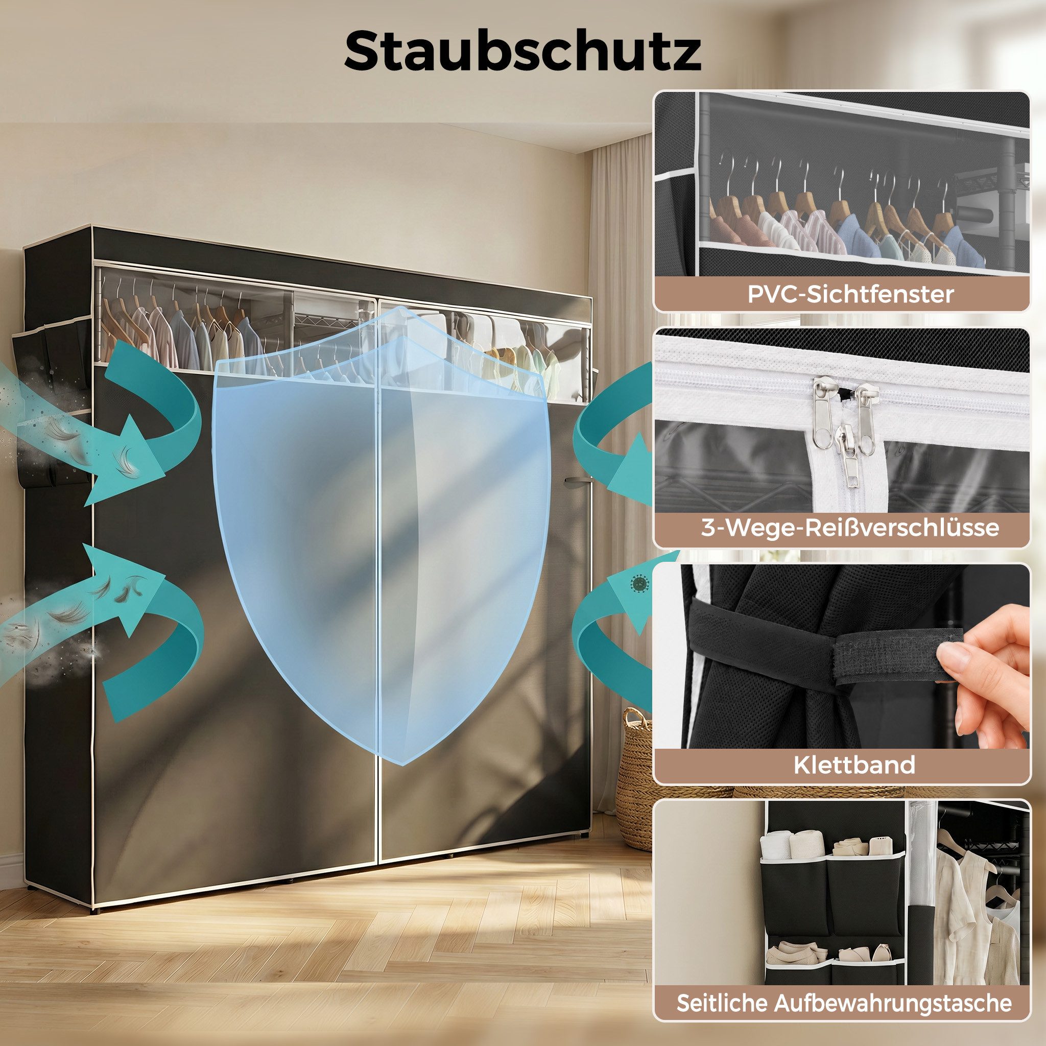 Mondeer Kleiderschrank Garderobenständer mit Staubschutzhülle (40 x 175 x 180 cm) mit Sichtfenster, 8 Ablagen, 4 Kleiderstangen, bis 70 kg pro Ebene – Bild 4 von 5