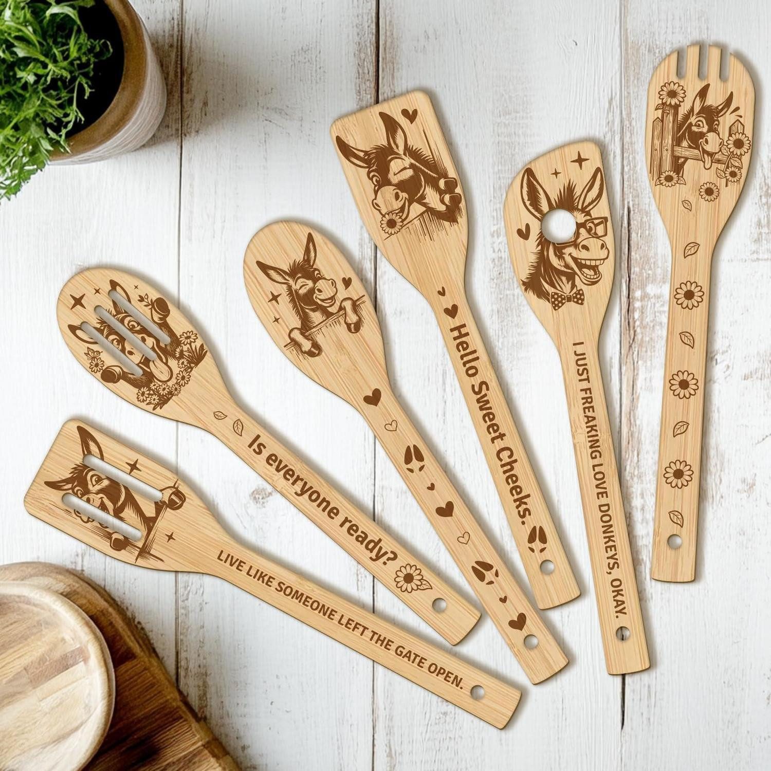LuxusKollektion Pfannenwender Kochloeffel Holz Esel Motiv 6-tlg Set