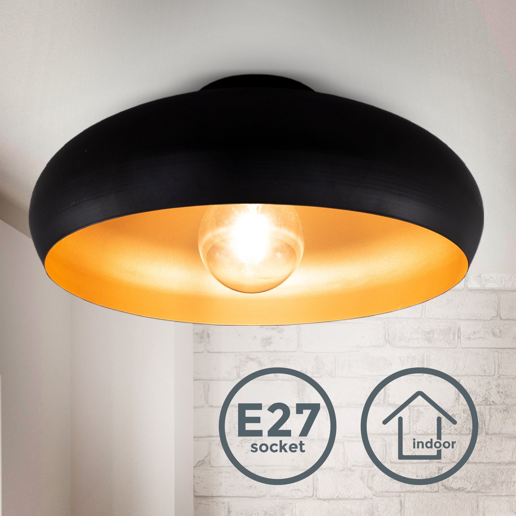 B.K.Licht Retro Wohnzimmer E27 Leuchtmittel, Flur Warmweiß, schwarz-gold Deckenleuchte, Deckenlampe Schlafzimmer ohne LED