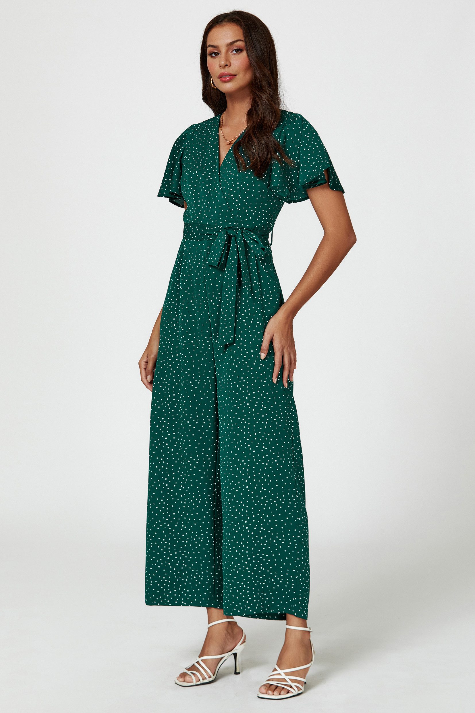 FS Collection Jumpsuit Damen Jumpsuit mit Wickeloberteil und weitem Bein (XS (EU:36 / UK:8) · S (EU:38 / UK:10) · M (EU:40 / UK:12) · L (EU:42 / UK:14) · XL (EU:44 / UK:16), 4 Farben: Rostrot, Schwarz, Grün und Dunkelgrün) Wickeloptik, Statement-Print, elegante Silhouette