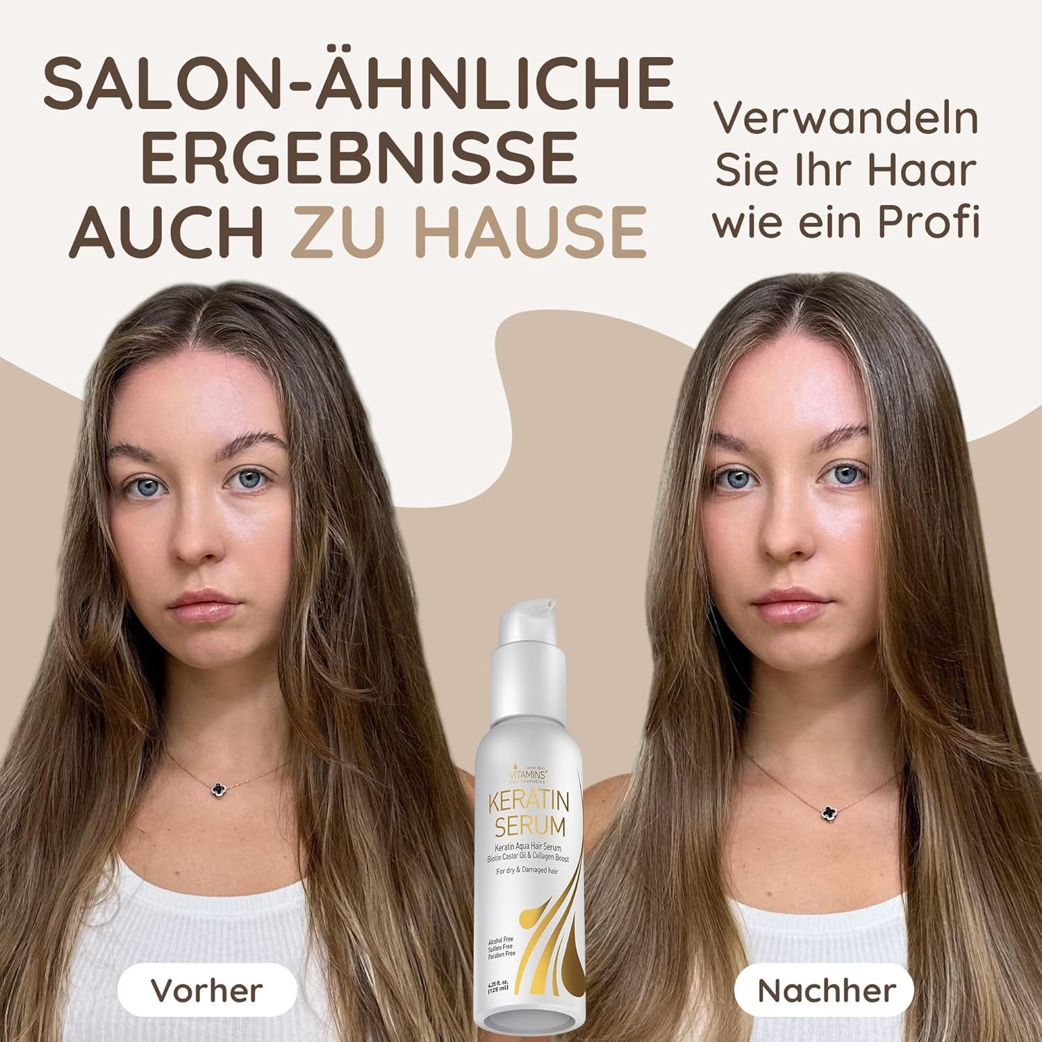 VITAMINS hair cosmetics Haarserum Keratin – Biotin, Kollagen & Castor Oil, Intensive Reparaturpflege, Für trockenes, geschädigtes & strapaziertes Haar, Anti-Frizz & Hitzeschutz