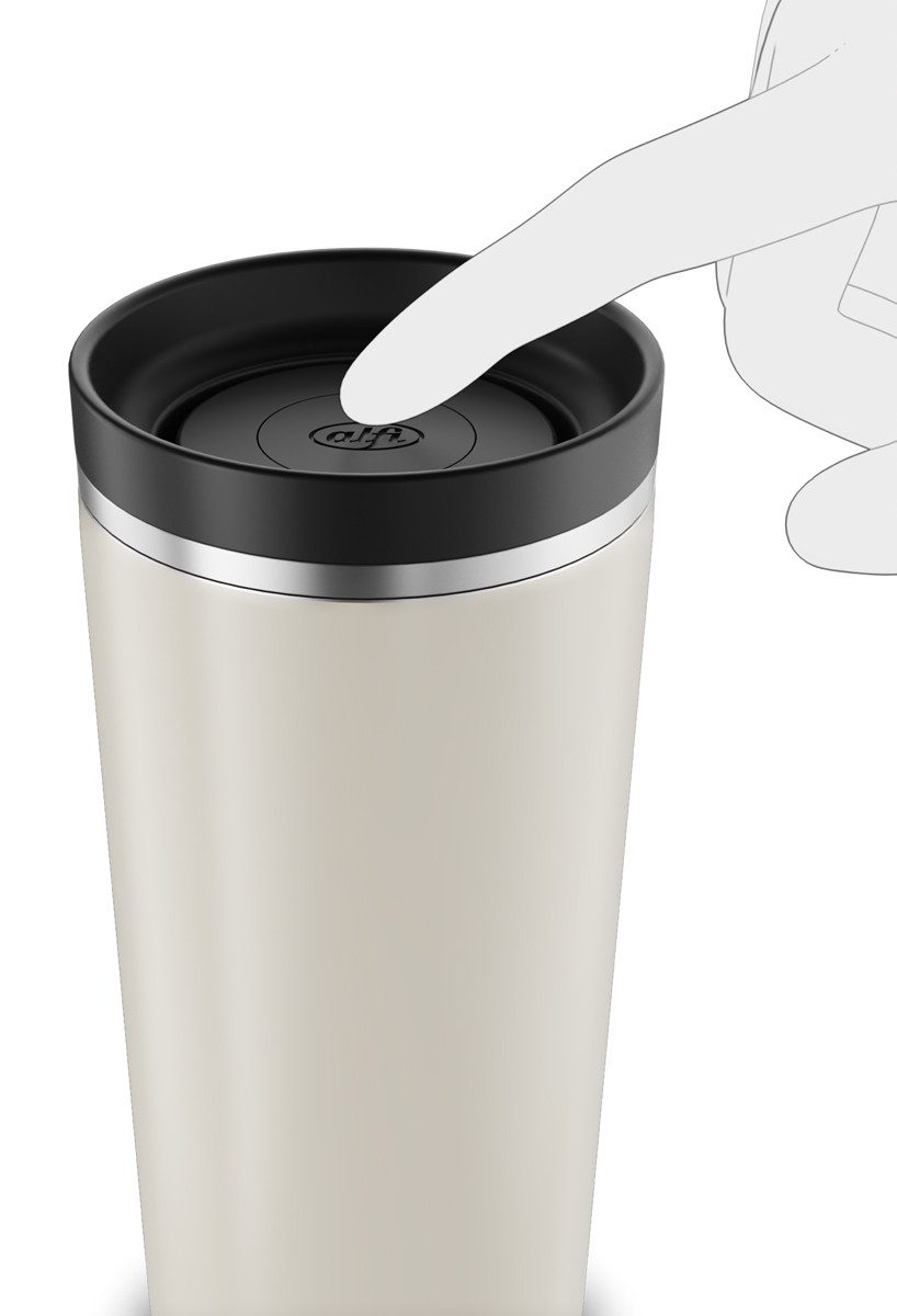 Alfi Thermobecher ISO COFFEE MUG PRO, absolut dicht, spülmaschinenfest, 1-tlg., Edelstahl, Kunststoff, Silikon, 0,38l, 6h heiß & 12h kalt, mit Druckknopf & Teebeutel-Aufhänger