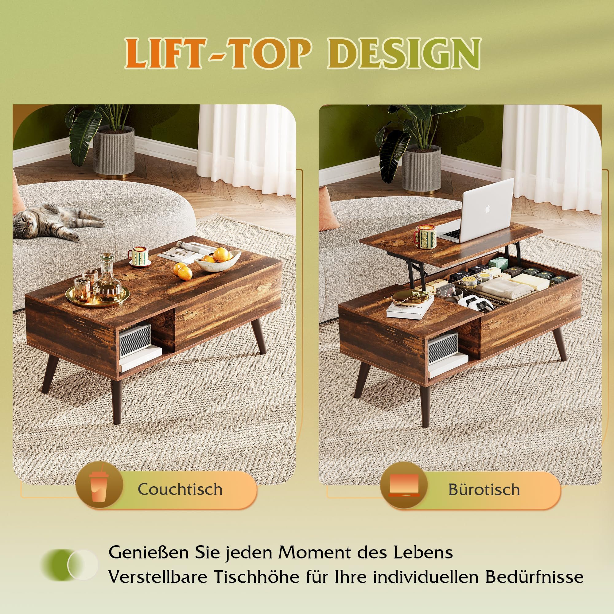 WLIVE Couchtisch höhenverstellbar mit Stauraum, Lift-Top Wohnzimmertisch 100×50×41-57cm (Packung, Lift-Top-Design), Holzoptik & Metallrahmen, für Wohnzimmer Bür – Bild 4 von 5