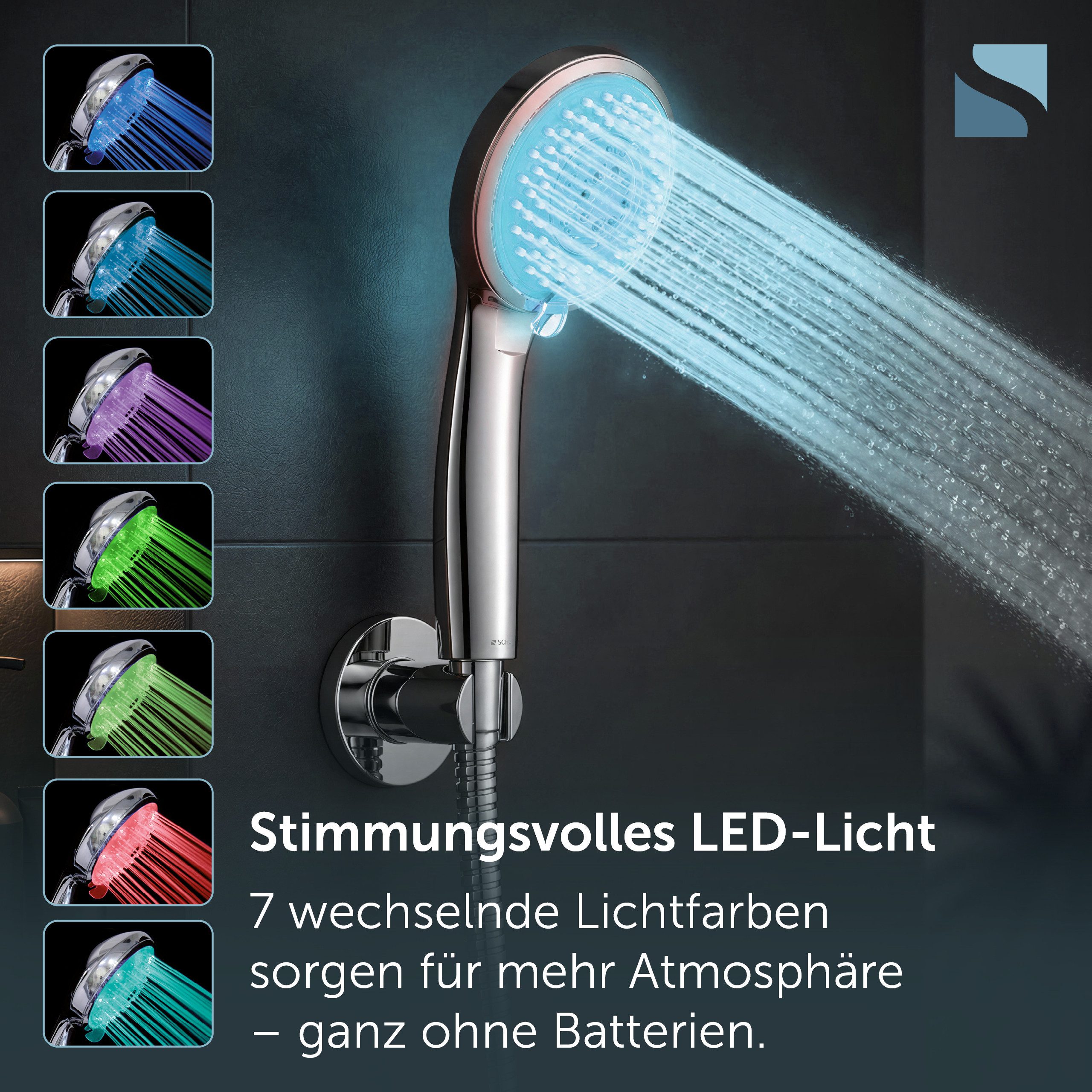 Schütte Handbrause, LED Wellness Duschkopf, 3 Strahlarten, Duschbrause mit 7 Farbvarianten