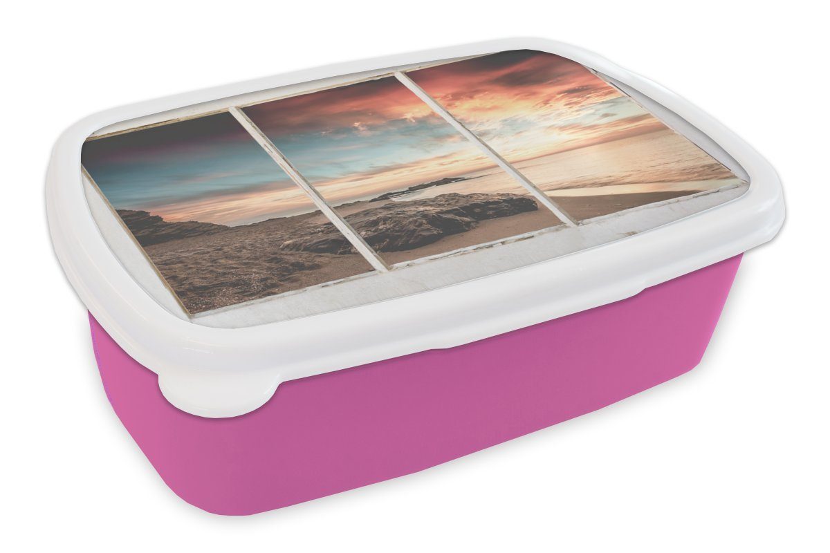 Strand Brotdose Mädchen, - rosa Meer, Kunststoff, Aussicht Snackbox, Brotbox MuchoWow Erwachsene, für Lunchbox Kunststoff Kinder, (2-tlg), -