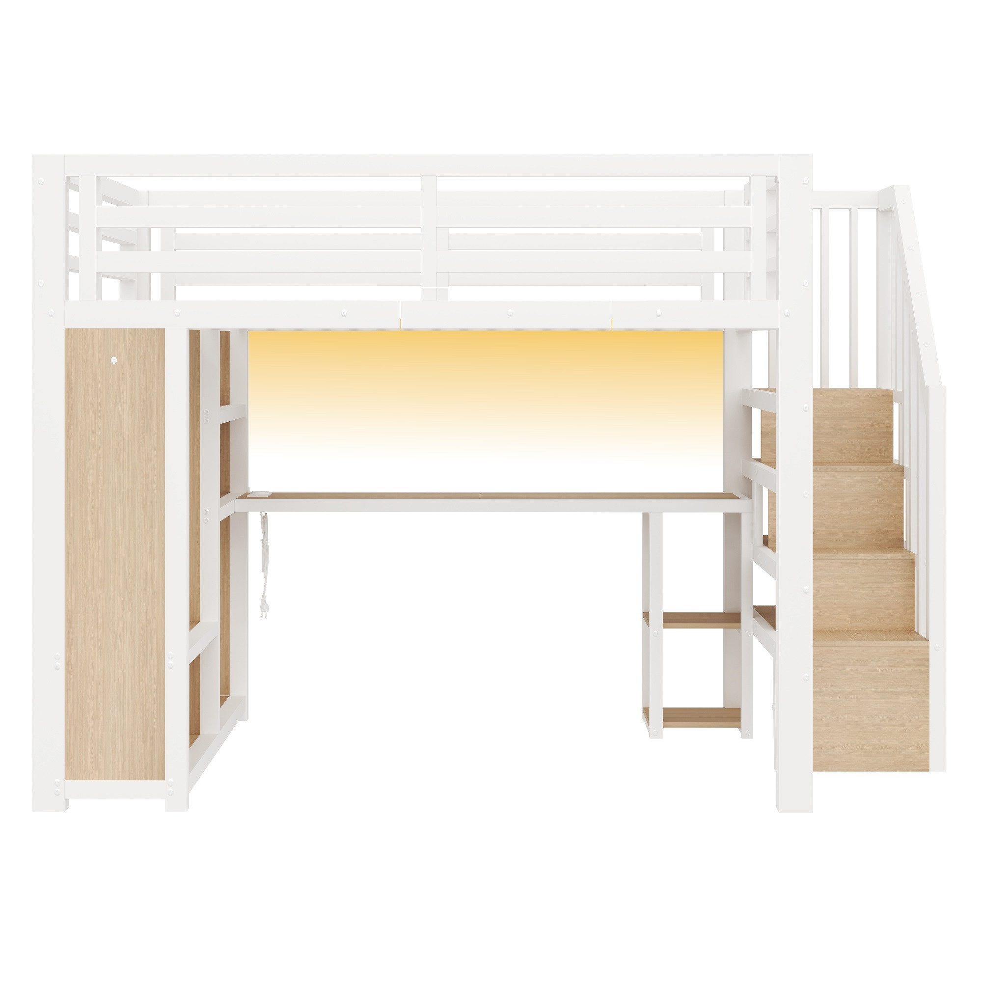 Merax Hochbett mit LED-Beleuchtung & USB-Anschluss (Kinderbett Jugendbett, 1-St) Metallbett 140x200cm mit Schreibtisch Kleiderschrank Treppe Stauraum – Bild 5 von 5